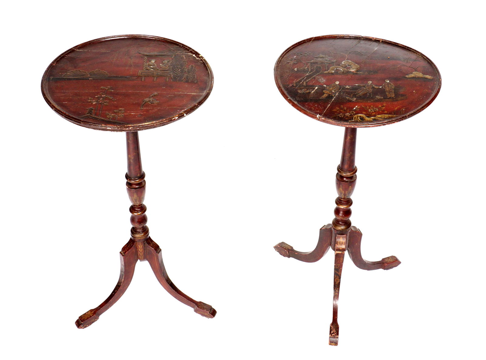 Pair Early Chinoiserie Decorated Plant Stands: Round tops, red ground chinoiserie decorated with figures in landscapes, turned pedestal shaft, on three splayed legs, 28.5" h. x 14.5". Condition: Age splits to top, wear to decoration.