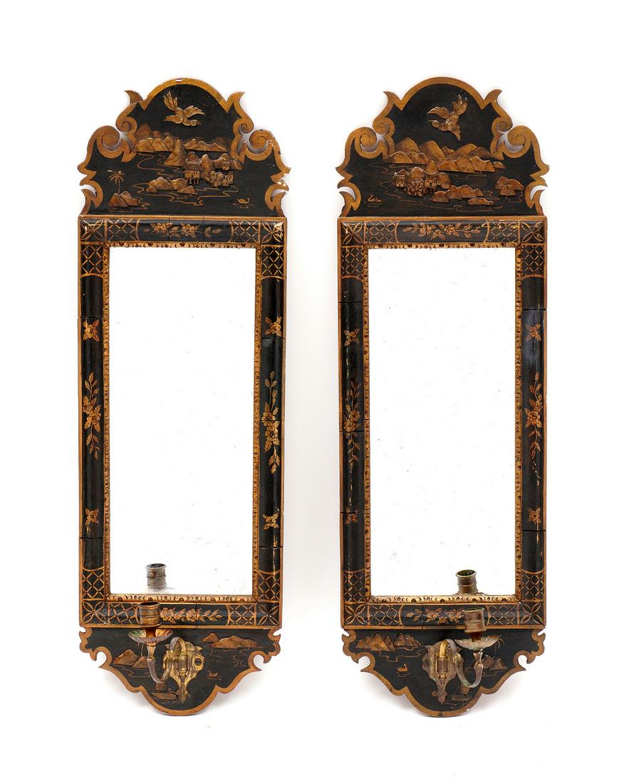 Pr Queen Anne Style Chinoiserie Decorated Sconces: Each with scroll edge crest, carved and chinoiserie landscape decoration, blue ground, frame with floral decoration, conforming lower crest. Single articulated candle holder, overall 27.75" h .x 9" x