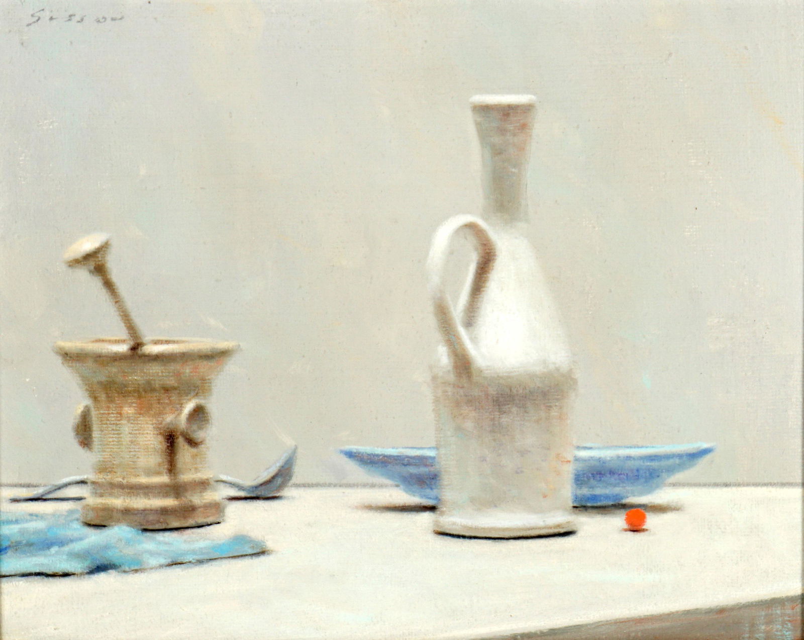 Andre Gisson Still Life of Mortar and Jug: GISSON, Andre, (American, 1921-2003): Still life with mortar and pestle, jug, and a plate on a table, Oil/Canvas, signed Gisson upper left, 16" x 20", framed 24.75" x 28.75".