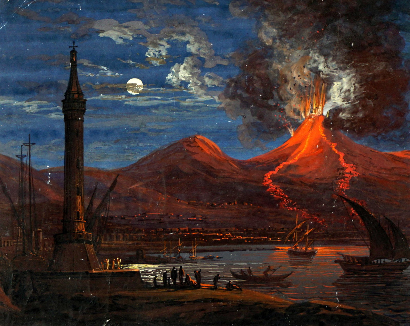 Mystery Artist Vesuvius Erupting Gouache: Nocturnal depiction of Mount Vesuvius erupting under moonlight, Gouache/Paper, no visible signature, sight size 5.25" x 6.75", framed 17" x 20.5". Not examined out of frame.