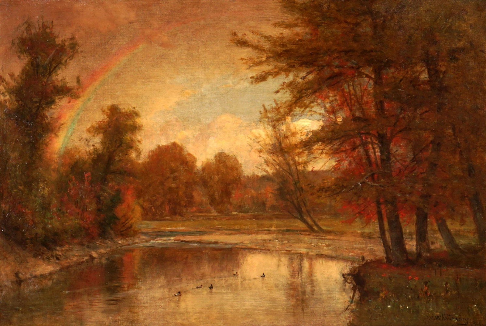 attr. Worthington Whittredge The Rainbow Landscape: attributed WHITTREDGE, Worthington, (American, 1820-1910): "The Rainbow, Autumn, 1901", autumnal landscape at the Duck Pond with rainbow in background, Oil/Canvas, signed and dated 1901 lower right, 1