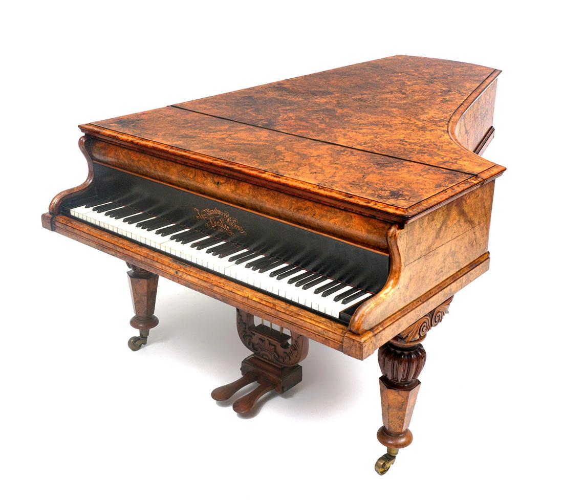 John Broadwood Burl Walnut Concert Grand Piano: Burl walnut veneer case concert grand piano, circa 1870, serial number 5850. Well marked on fall board and sound board, overall measures 37.5" h. x 93" x 54". Condition: Veneer bubble, crack in sound