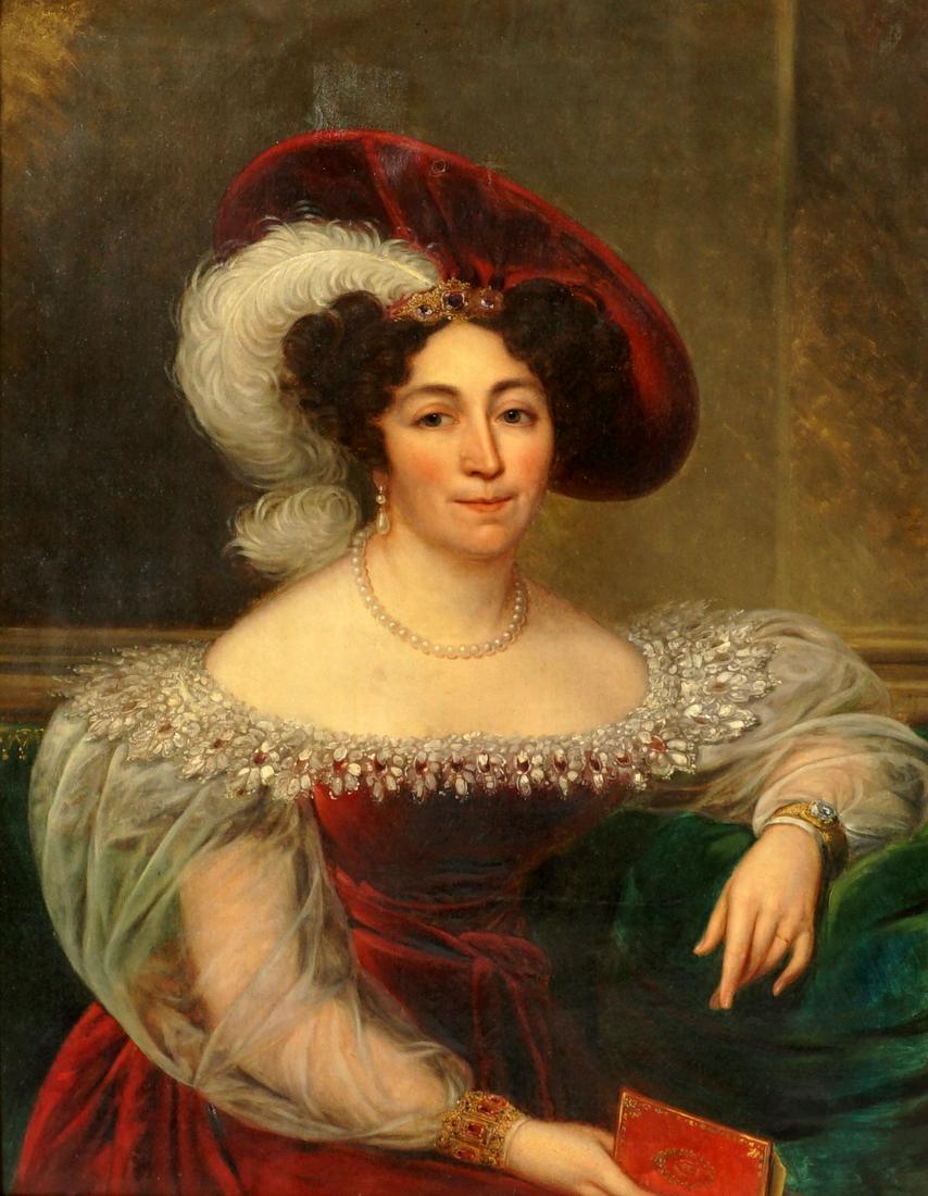 Large 19th Century French Portrait of a Woman: Portrait of an unidentified woman with large hat, pearls, and fine apparel, Oil/Canvas, no visible signature, 36.25" x 29", framed 46.25" x 39.25". Condition: Several patch repairs, inpaint.