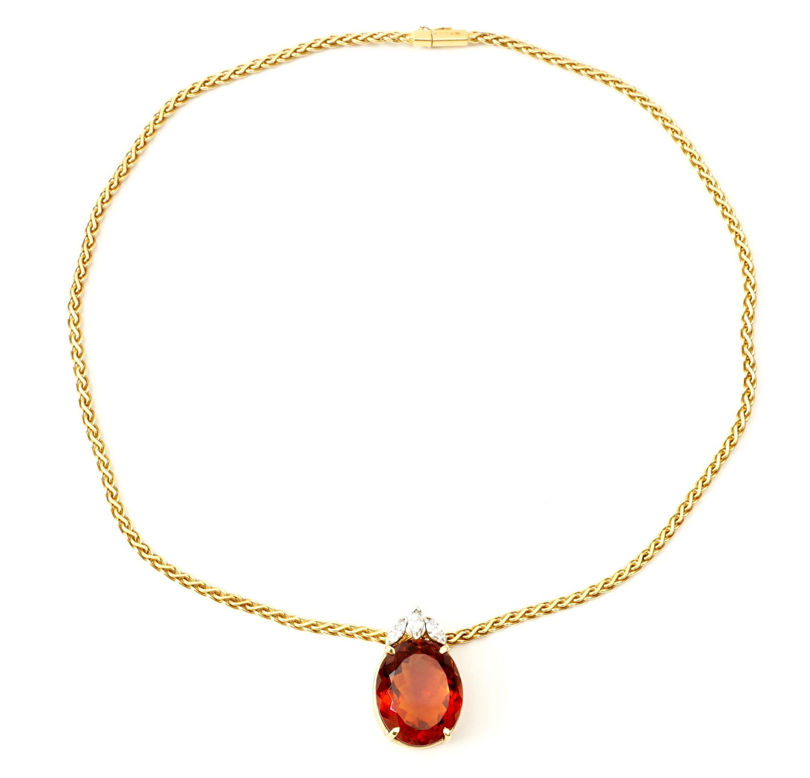18k Gold Imperial Topaz & Diamond Slide Necklace: 18k yellow gold Italian necklace 18" long. Slide pendant with oval imperial topaz, approx. 21.9mm x 17.9, approx. 21.6 cts. Three accent marquise diamonds, approx. .9ctw. Approx. 20 grams excluding pe