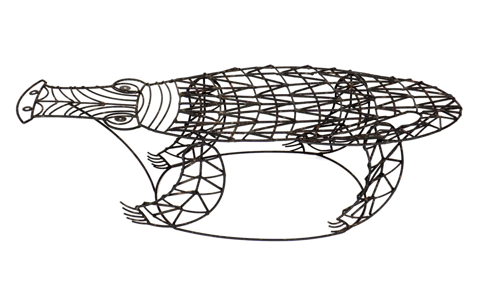 John Risley Figural Alligator Coffee Table: RISLEY, John, (American, 1912-2002): Coffee table in the form of an alligator, welded rolled steel, overall 12.25" x 47.5" x 18.5". Condition: Surface rust.