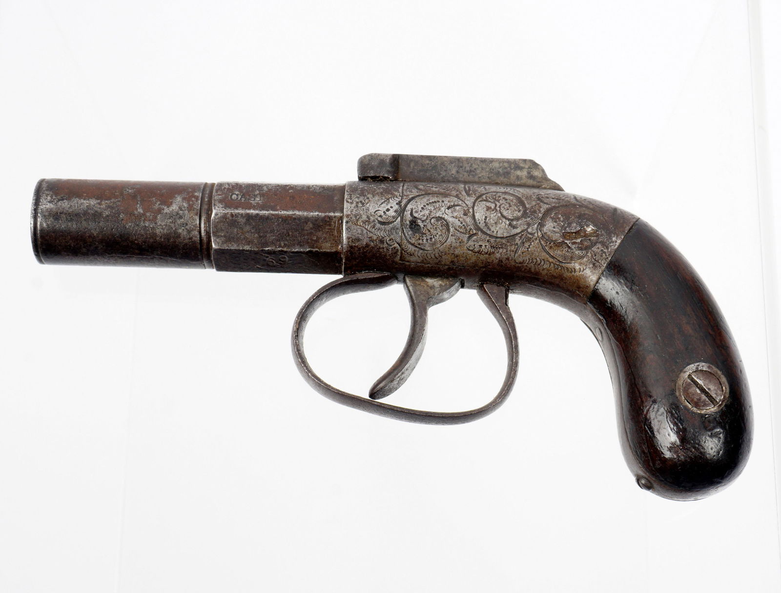 Bacon & Co. Bar Hammer Single Shot Pistol: Mid 19th Century, top bar hammer, 2" half octagon, half round barrel, well marked Bacon & Co., Norwich, C.T., Cast Steel, wood birds head grips, overall 4.75" long.