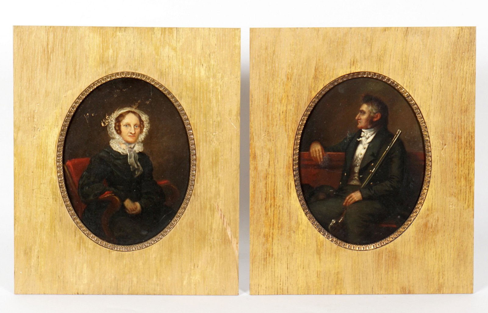 Pair 1827 Bass Otis Portraits of Man and Woman: OTIS, Bass, (American, 1784-1861): Pair of portraits of Marinus Willett and Sarah Chatham Pike, Oil/Board, Marinus with hand written note verso, identifying the artis as M. Bass Otis and dates it 1827