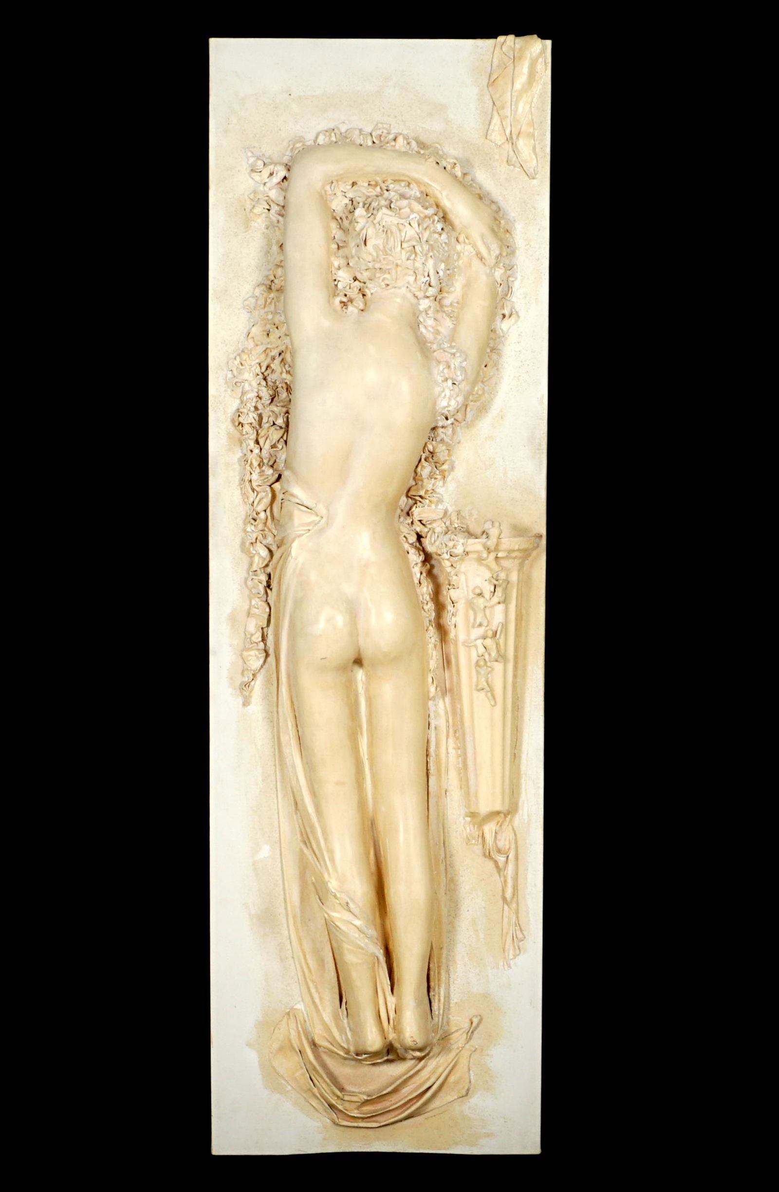 School of Bill Mack Nude Woman Wall Sculpture: Figure of the backside of a nude woman with linens, Composite/Plaster of Paris/Canvas on wood board, no visible signature, overall 80" h . x 24" x 8.5".