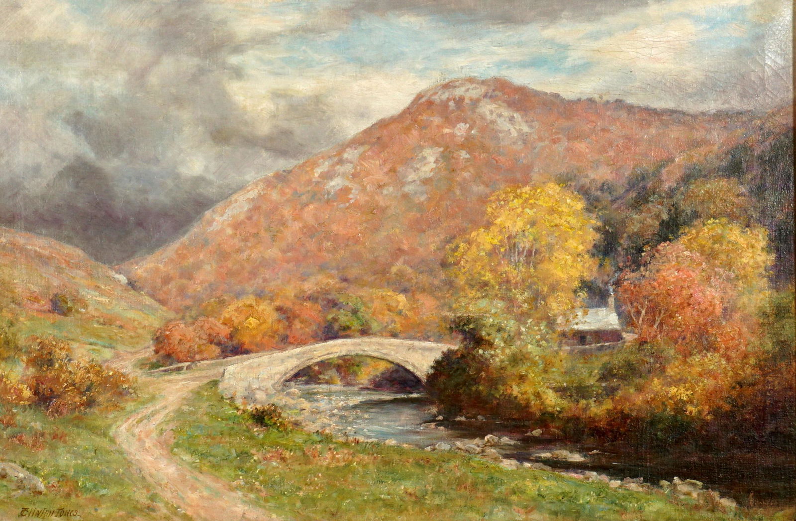 Josiah Clinton Jones Autumnal Landscape: JONES, Josiah Clinton, (British, 1848-1936): Idyllic autumnal landscape with mountains, stream, arched bridge, and house, Oil/Canvas, signed lower left, 16" x 24", framed 27.5" x 35.25". Condition: Pa