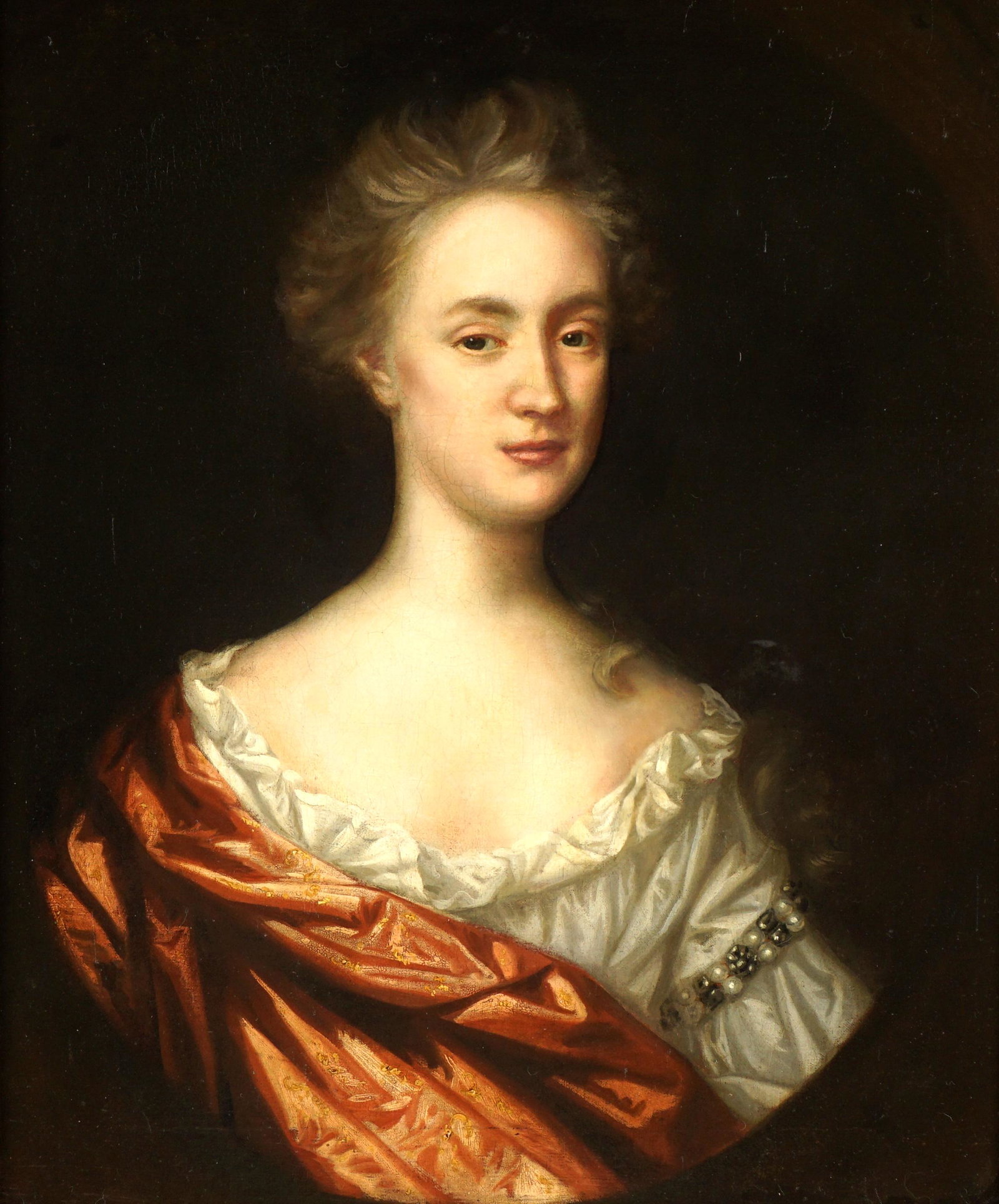 18th Century Portrait of Young Noblewoman: Half length portrait of a young woman dressed in finery, pearl arm cuff, Oil/Canvas, no visible signature, 29" x 24", framed 35.25" x 30.25". Condition: Inpaint, especially on and around face, craquel
