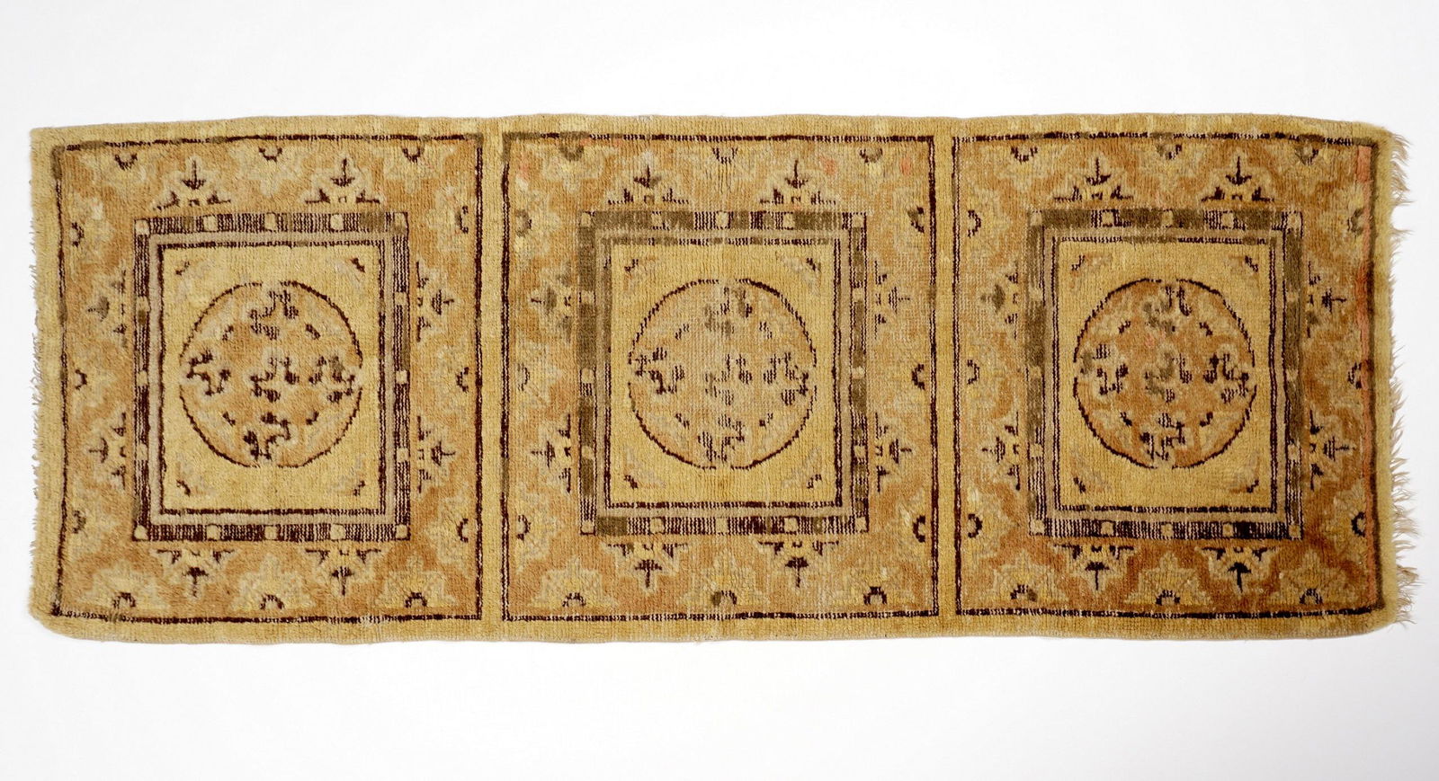 Antique 18th C. Chinese Three Seat Temple Rug: Cream ground, three seat panels with geometric designs, 5' 4" x 2' 1". Condition: Considerable wear.