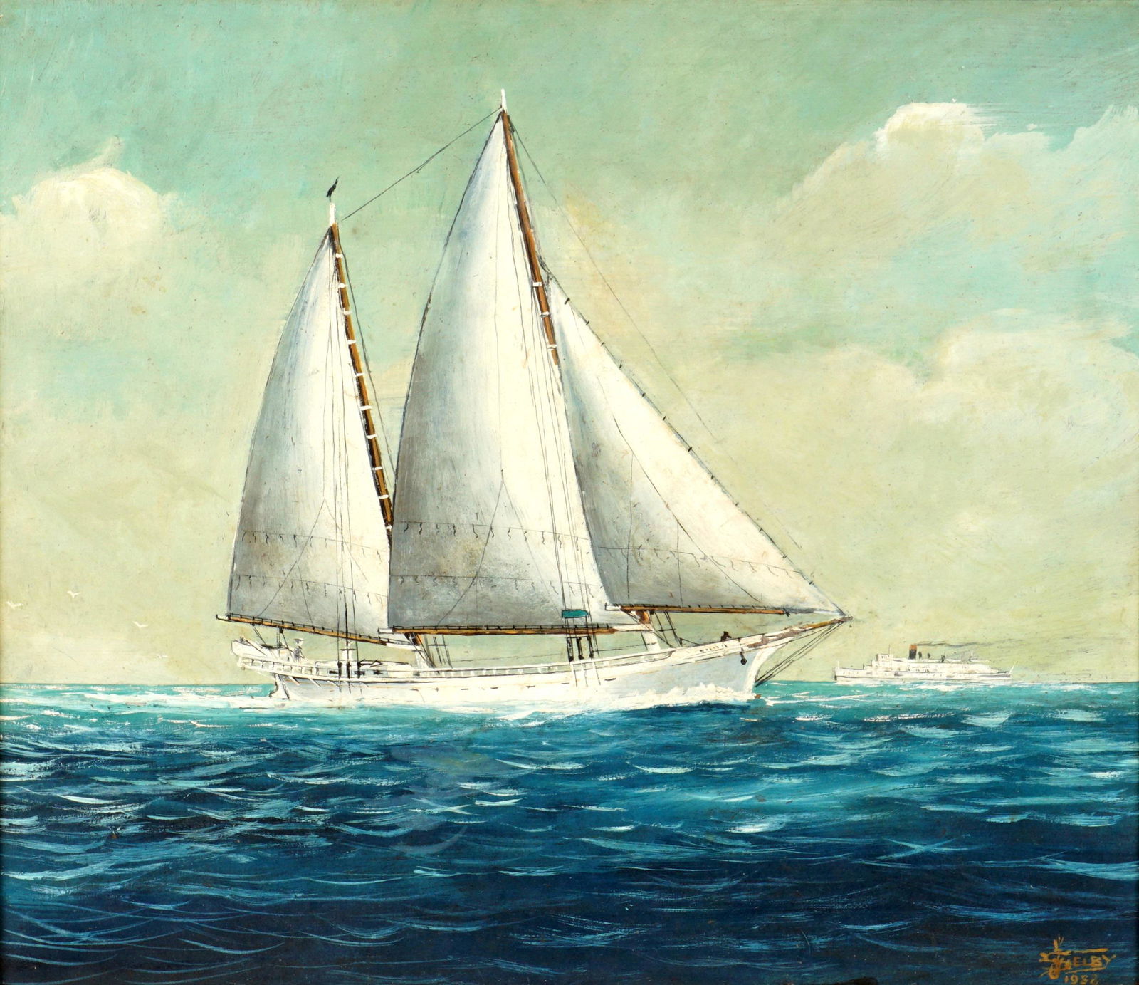 1938 Joe Selby Sailboat Yacht Painting: SELBY, Joe, (American, 1893-1960): Portrait of an unidentified double mast sailboat yacht with steamship in background, Oil/Masonite, signed and dated 1938 lower right, 12" x 14", framed 13.5" x 15.5"