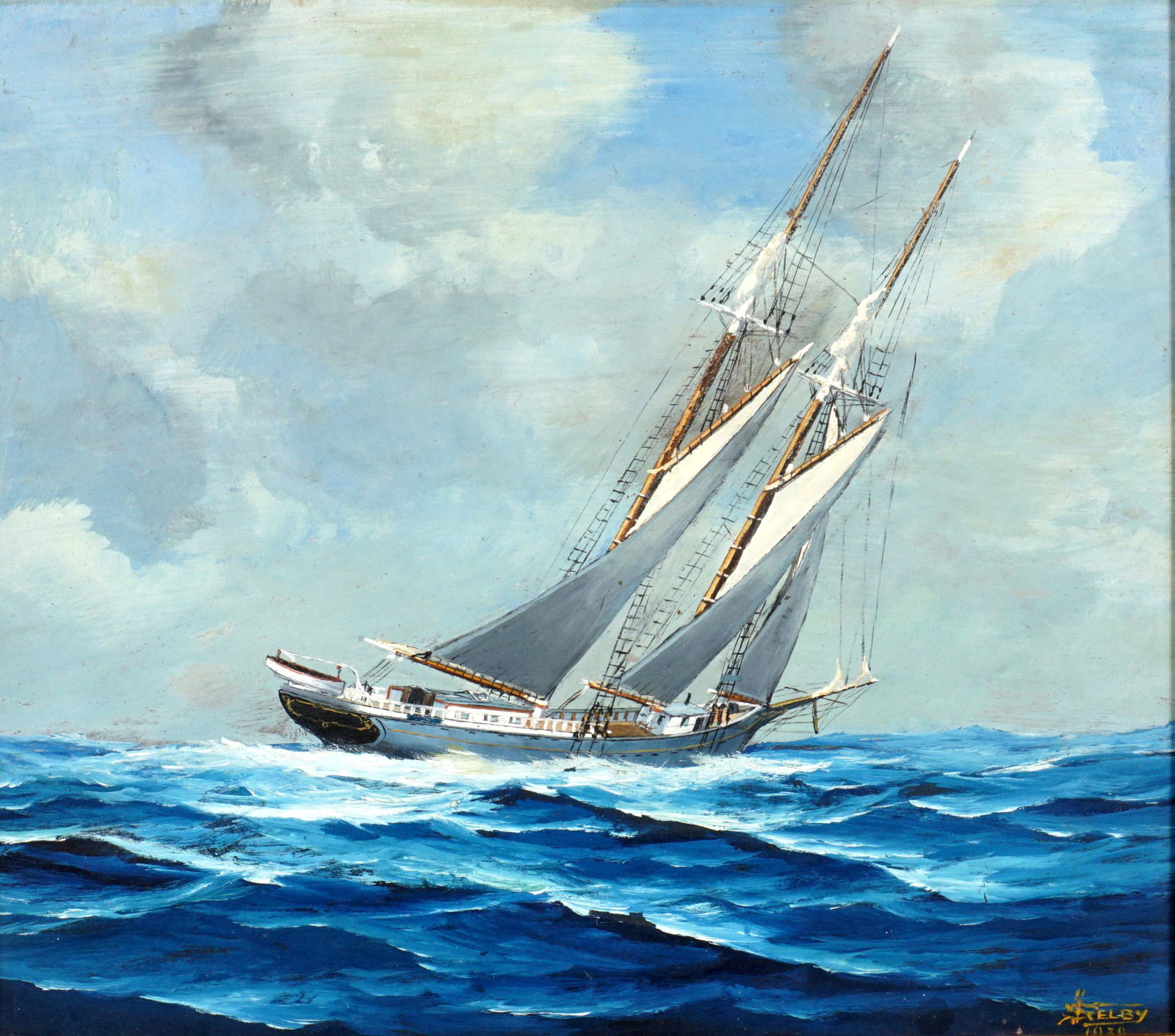 1938 Joe Selby Sailing Yacht Portrait Painting: SELBY, Joe, (American, 1893-1960): Portrait of unidentified sailing yacht, Oil/Masonite, signed and dated 1938 lower right, 14" x 16", framed 15.5" x 17.5". Condition: Small water spot upper left corn