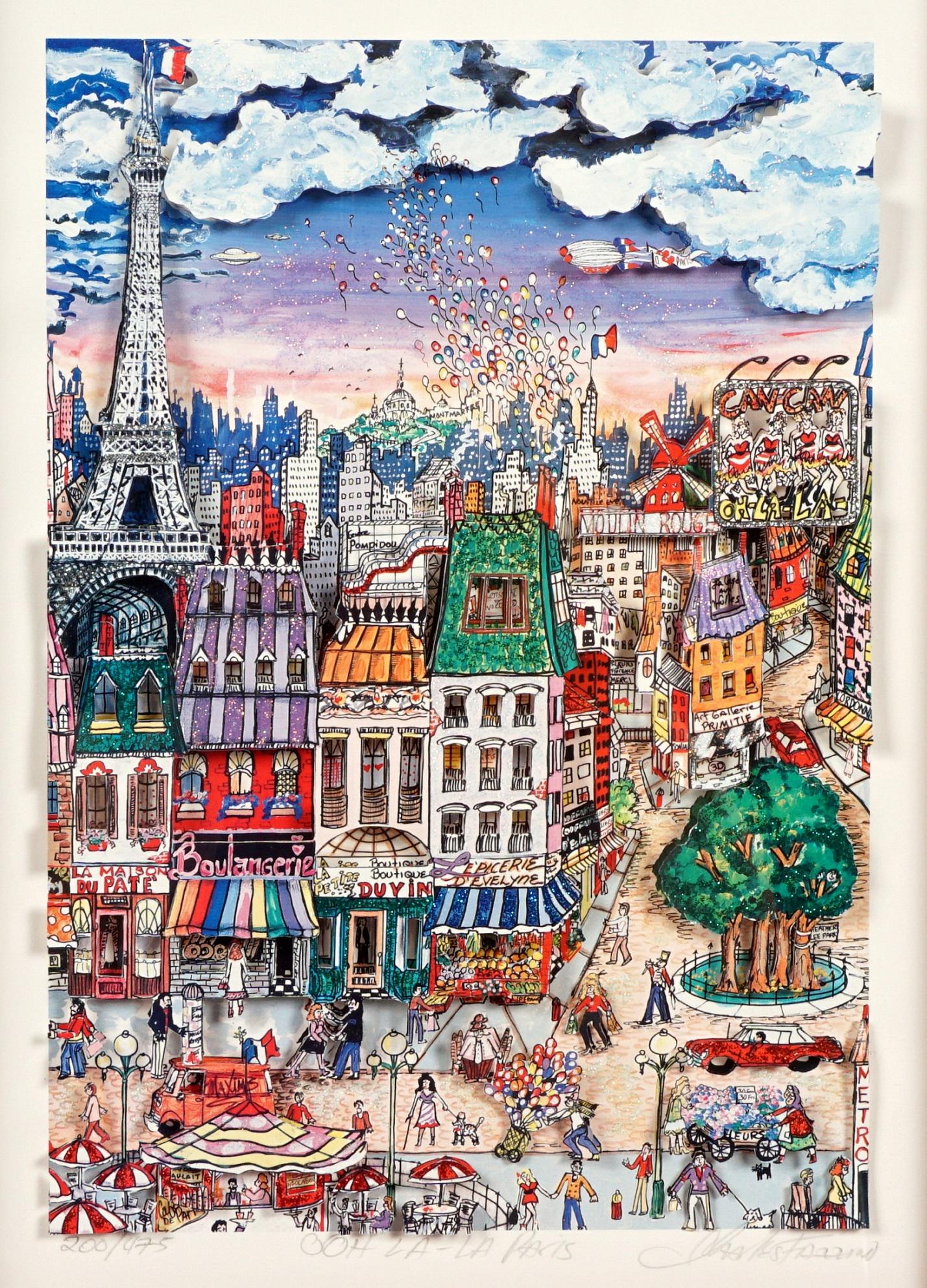 Charles Fazzino Ooh-La-La Paris 3D Lithograph: FAZZINO, Charles, (American, 20th century): 3D pop art titled "Ooh-La-La Paris", 3D Lithograph/Paper, pencil signed lower right, titled center, numbered 200/475 lower left, sight size 15.25" x 11.25",