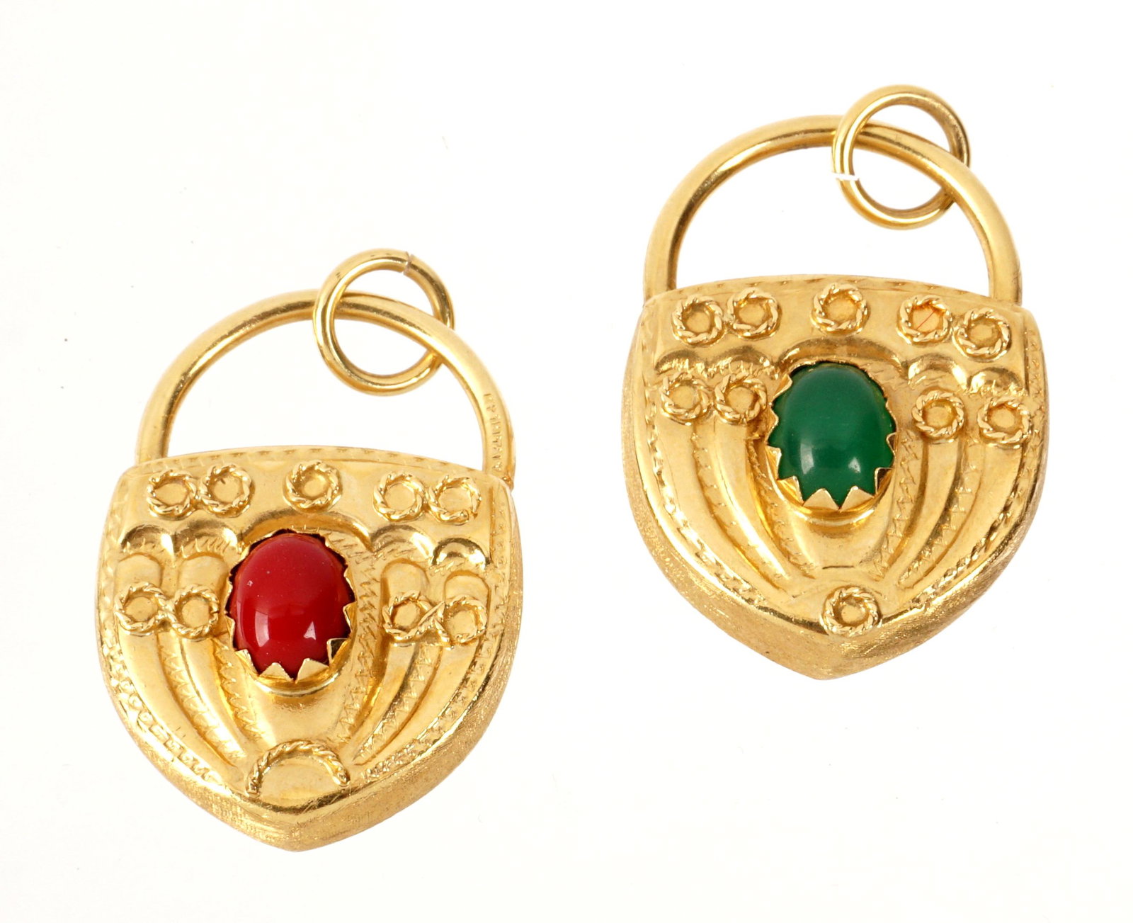 Pair Italian 18k Emerald and Coral Lock Pendants: Pair 18k yellow gold lock form pendants, one with two cabochon set emeralds, the other with two coral cabochons, marked Ital, 1.25" x .75". Approx. 14 grams inclusive.