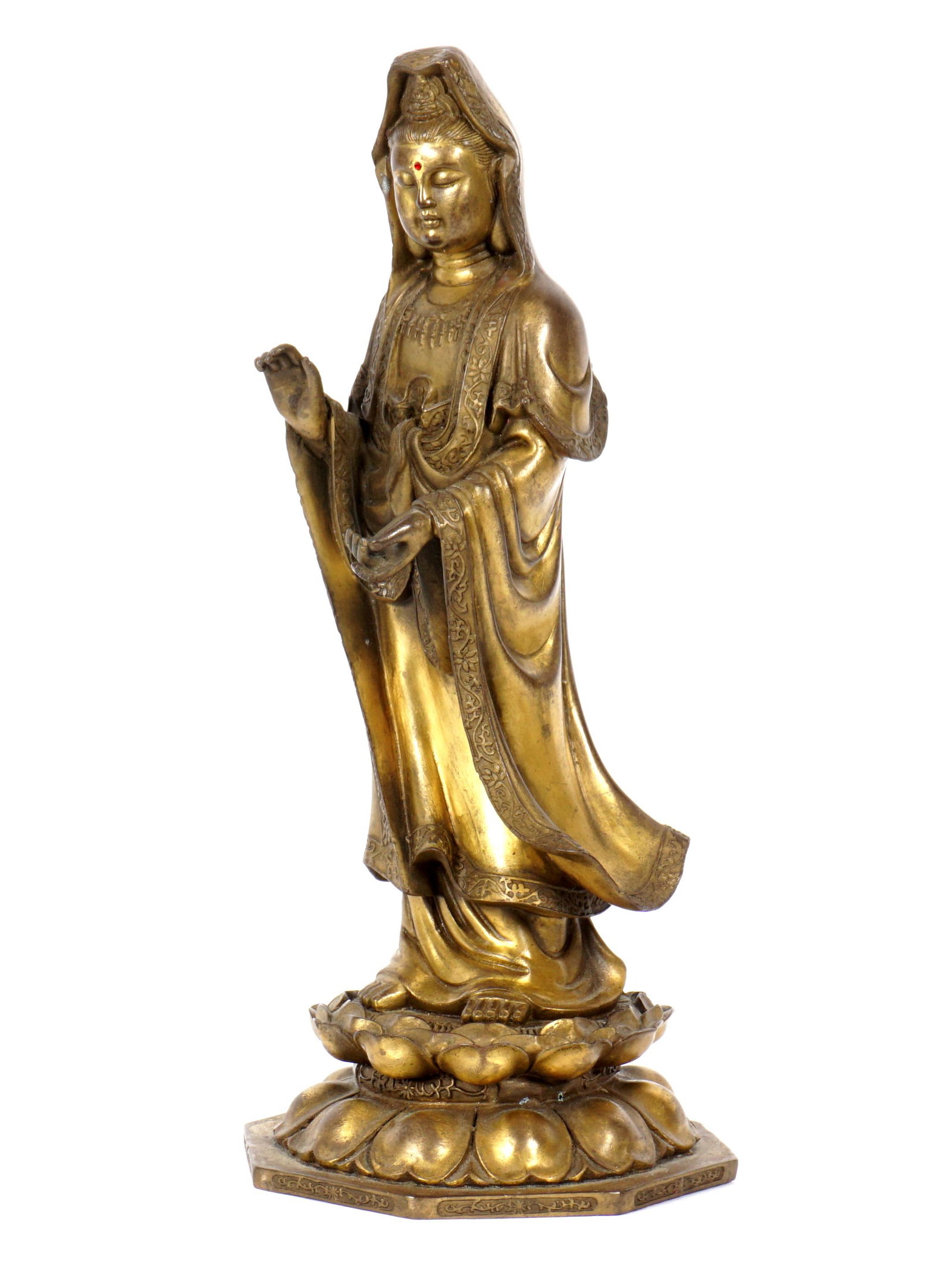 Gilt Bronze Figure of Guanyin: Figure of Guanyin standing on lotus blossom, octagonal base, no visible marking, 11" h .x 4.75" base dia.