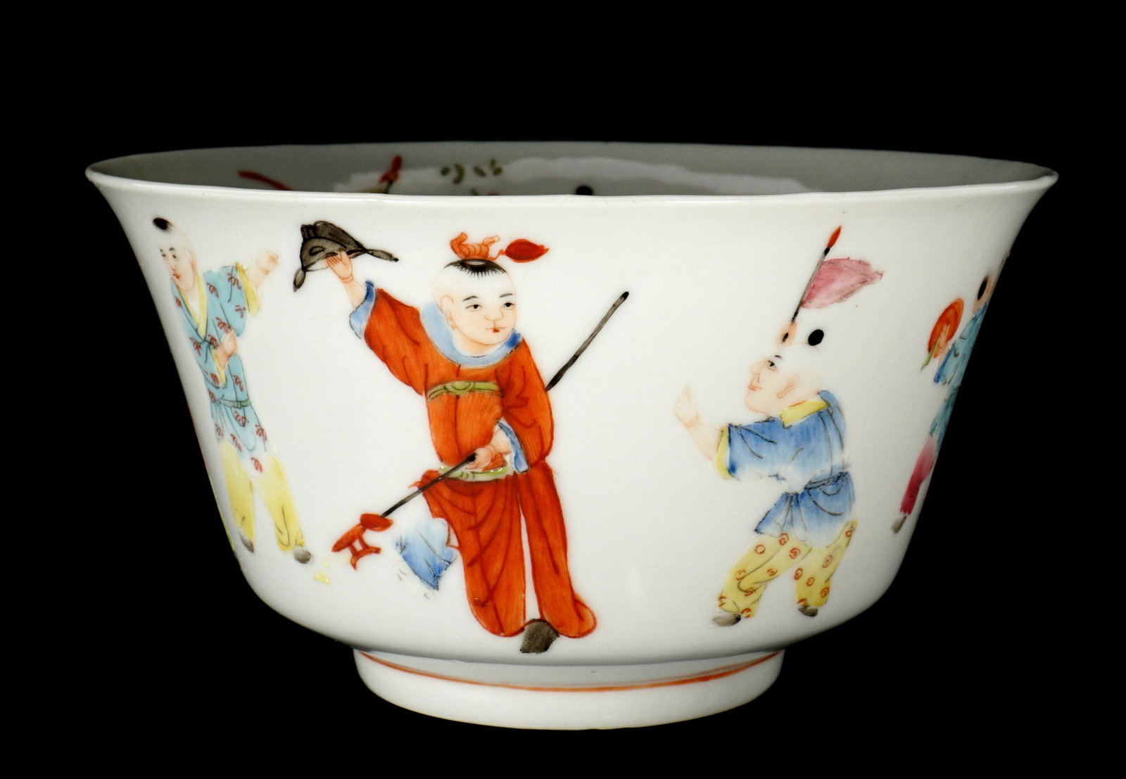 Chinese Jiaqing Marked Famille Rose Boys Bowl: Tall bowl, enamel decorated with boys at play, apocryphal red Jiaqing mark to base, 3.25" h. x 6".