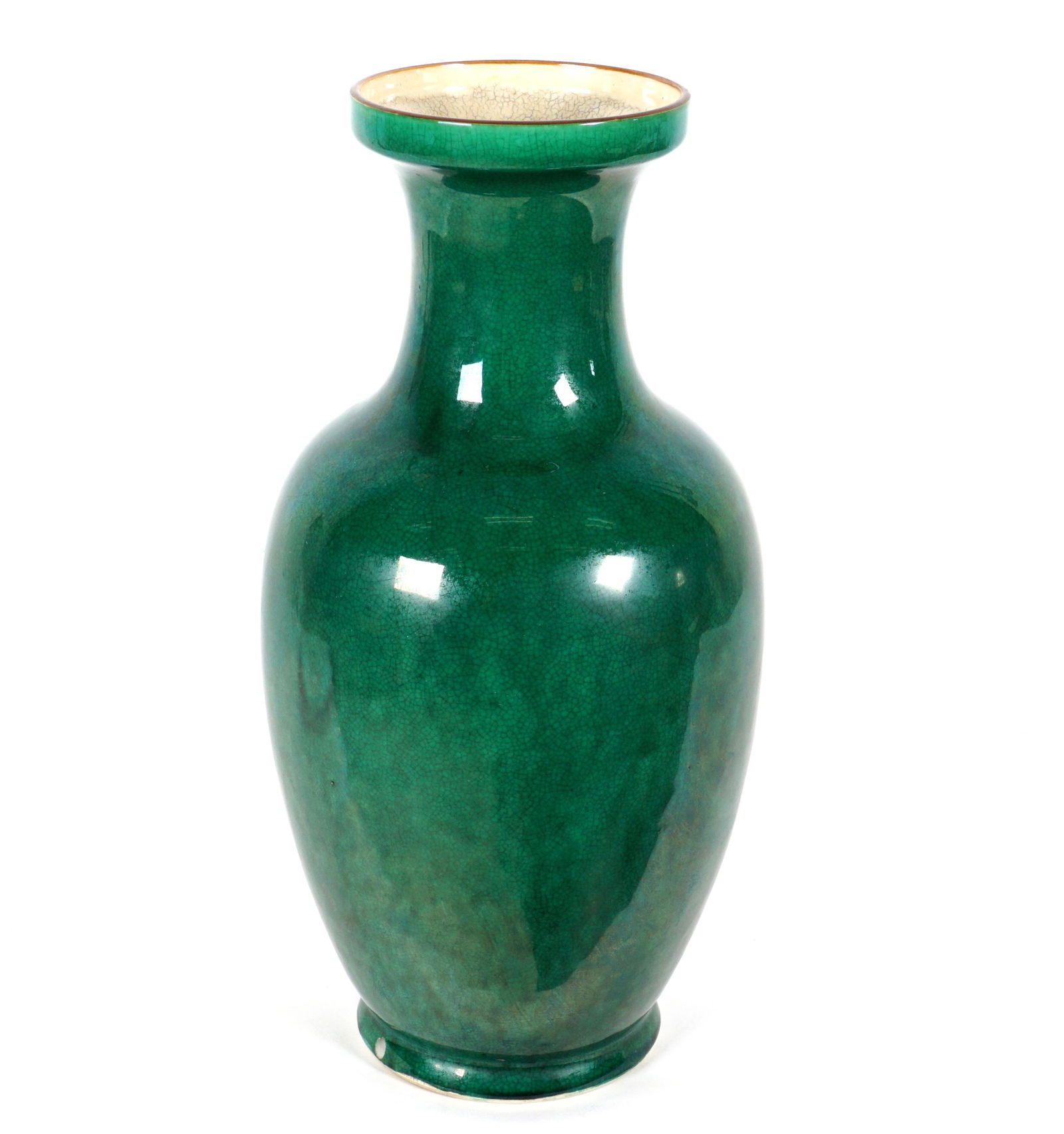 Chinese Green Crackle Glaze Vase: 20th Century, baluster form green crackle glaze, double drilled base for lamp, overall 14.25" h. x 7".
