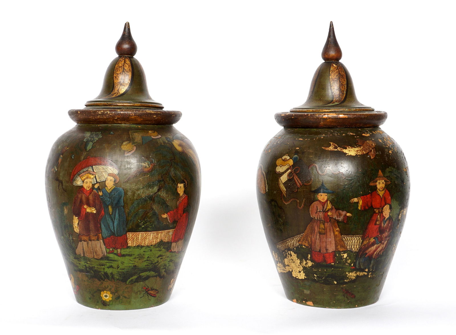 Pair Ex-Sotheby's Chinese Painted Pottery Jars: Each terracotta covered jar paint decorated with assorted outdoor genre scene, animals, precious objects. Older Sotheby's tags taped to bases, carved and painted wood lids. Overall with lid 13" h. x 7