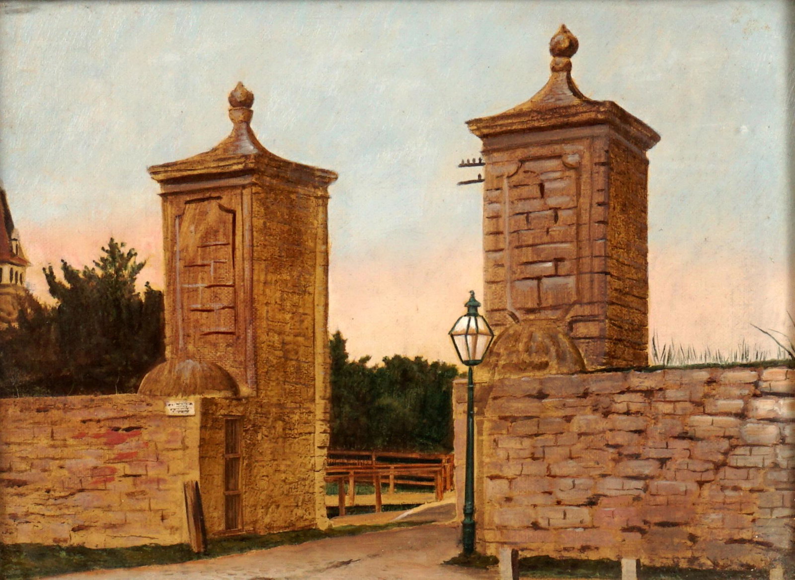 Antique St. Augustine Old City Gate Painting: Depiction of the Old City Gate in St. Augustine, Florida, Oil/Canvas, illegible signature on side obscured by frame, 9.75" x 12.75", gilt frame 14.25" x 17.5". Condition: Chips to frame.
