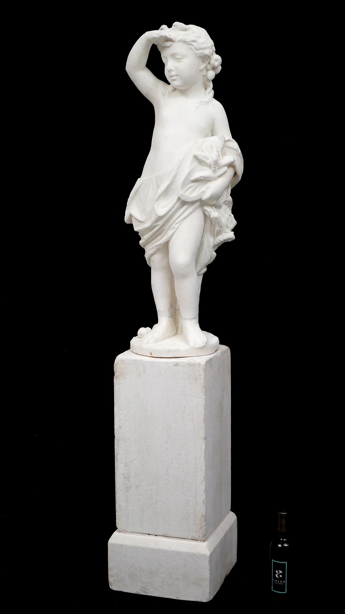 Carved Marble Child and Base Garden Sculpture: Figure of a young girl with sweeping lower robes, fruit at her feet, unsigned, 39.5" h .x 14" x 12". Sold with marble pedestal base, 30" h. x 13.5" x 13.5". From an upstate New York family estate. Con