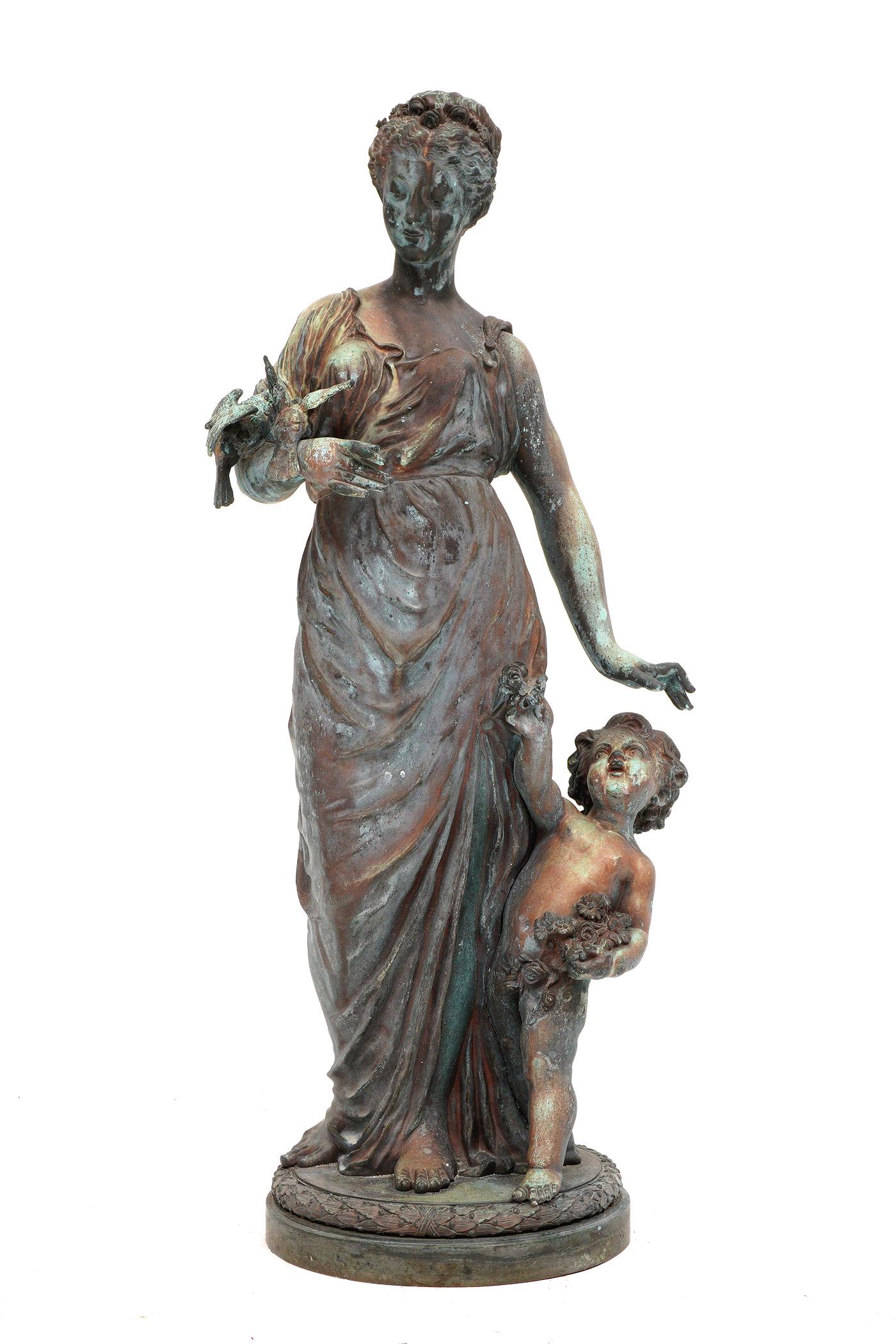 Bronze Garden Statue of Woman, Child, and Birds: Patinated bronze figure of a woman with a child at her side, tow doves on her arm, no visible signature, overall 36.5" h. x 17". Condition: Obvious signs of weather and outdoor exhibition.