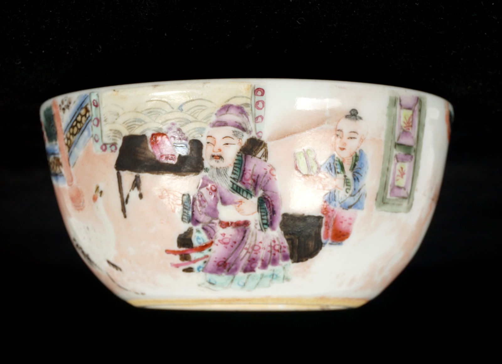 Chinese Qing Marked Emperor & Boys Cup: Diminutive cup, enamel decorated with genre scene of an Emperor with attendants and crane, apocryphal Qianlong blue underglaze mark, overall 1.5" h. x 3.25".