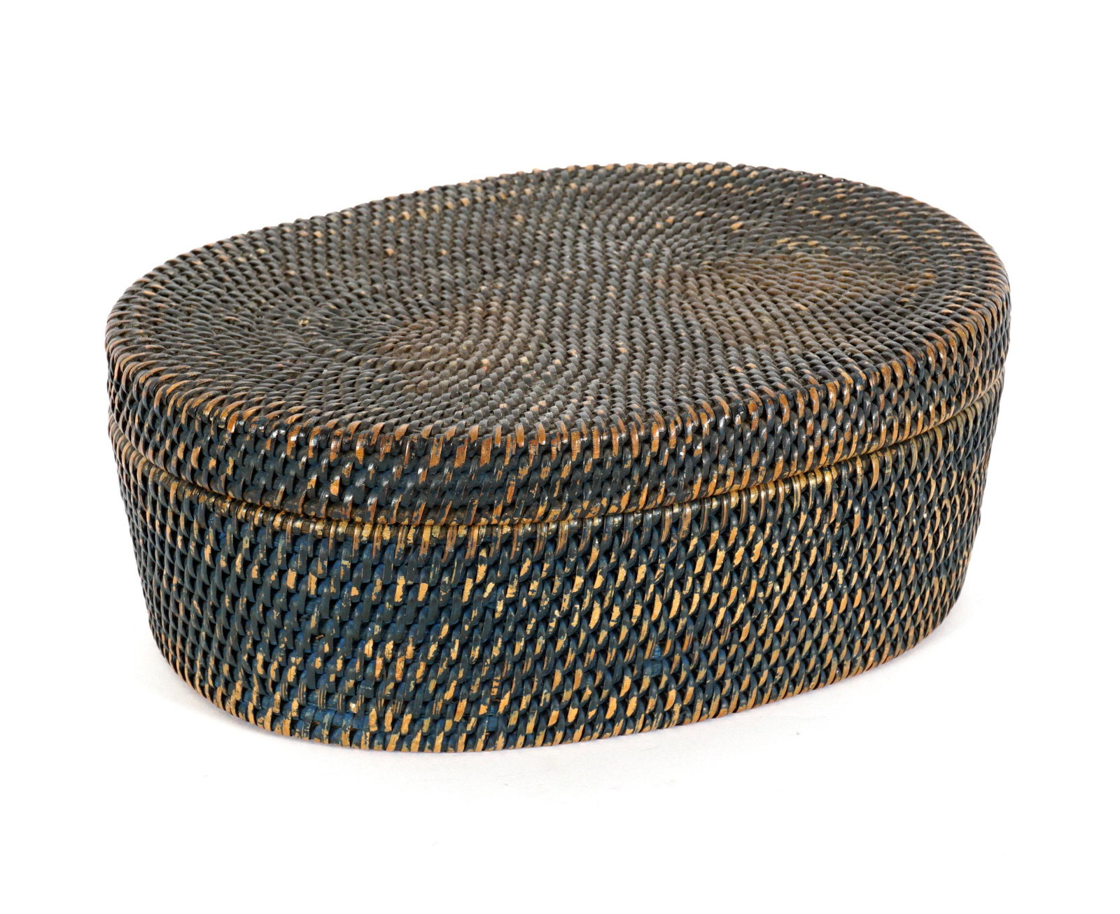 Painted Woven Oval Covered Pantry Box: Nicely woven oval covered box, blue paint all over. Overall measures 4" h. x 11.5" x 8.5". Condition: Wear and loss of paint. This piece was formerly owned by Arnold Crane, an American collector and p