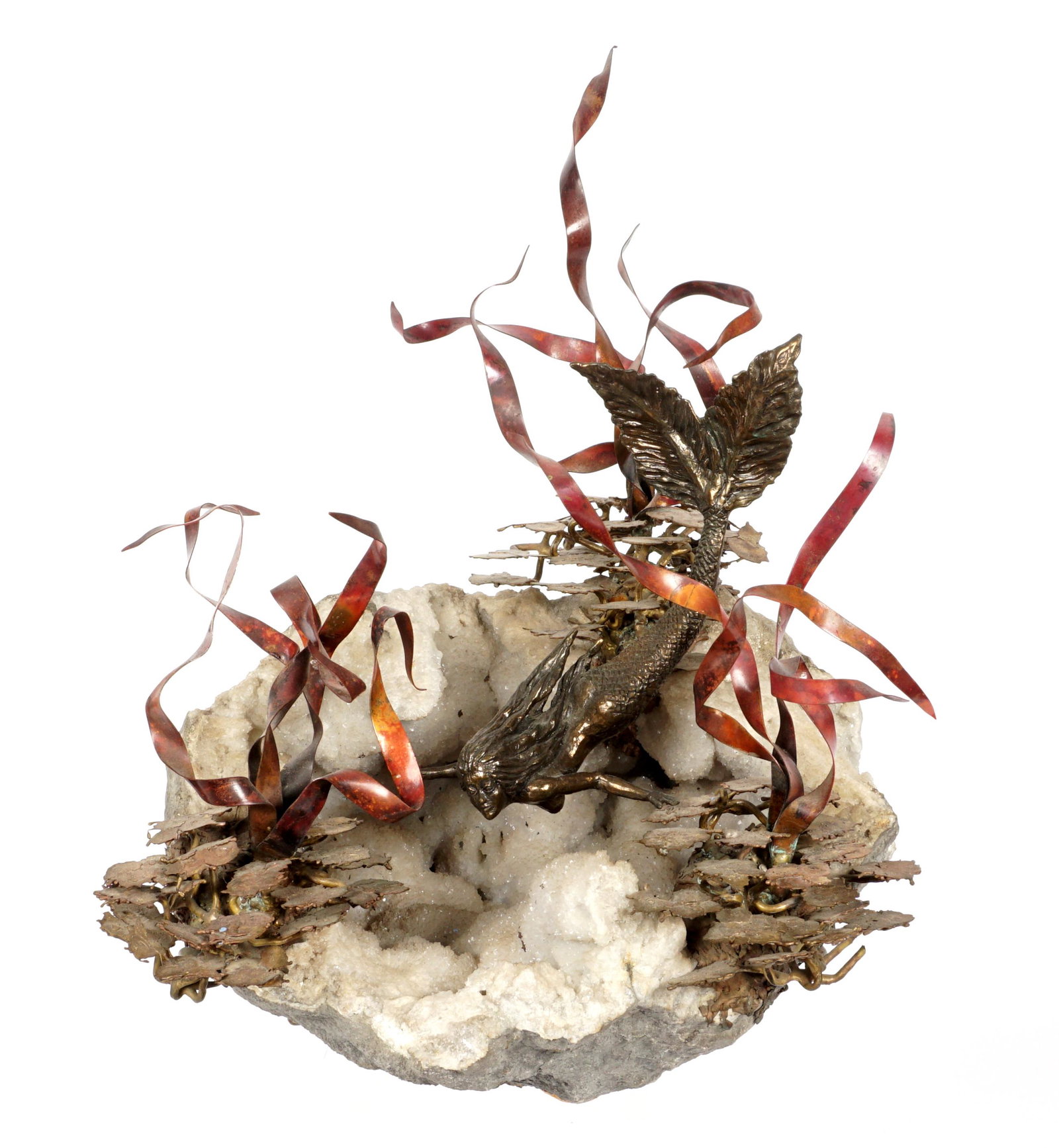 Bronze Mermaid in Quartz Geode Sculpture: Figure bronze mermaid, polychrome decorated metal seaweed, applied to quartz geode, no visible signature. Measures