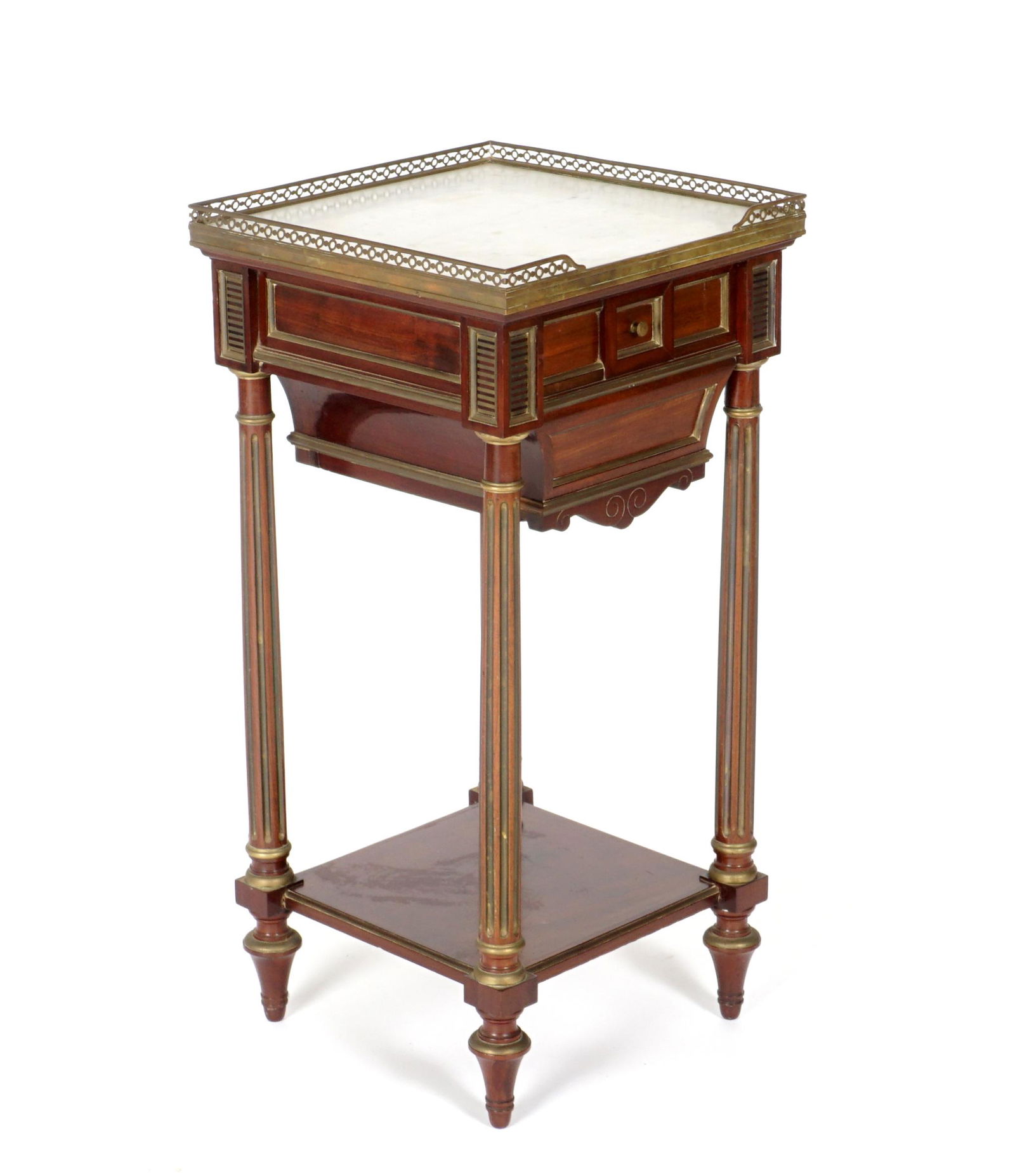 Francois Linke Marble Top Humidor Smoking Stand: Pierced brass gallery over square white marble top, mahogany case, fall front door with marble lined interior, stamped F. Linke. Fluted supports, open lower shelf, four turned feet, brass accents. Ove