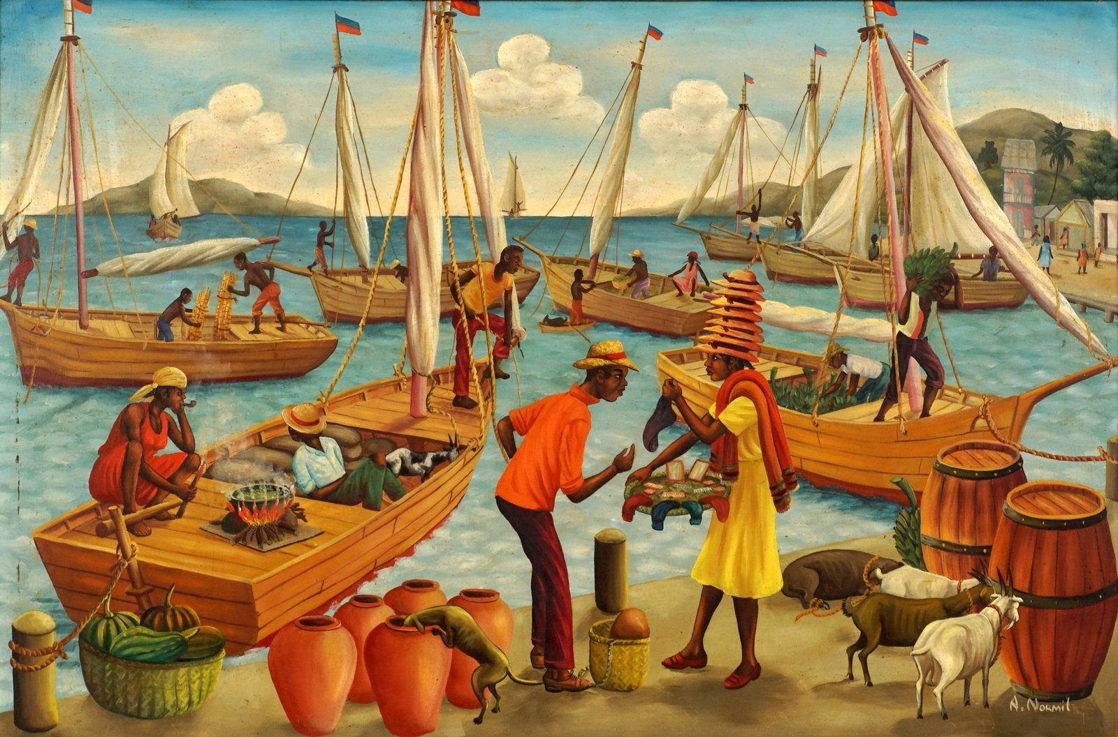 Andre Normil Haitian Busy Dockside Painting: NORMIL, Andre, (Haitian, 1934-2014): Bustling dockside with vendors, animals, figures, and boats, Oil/Masonite, signed lower right, 20'" x 30", framed 30.75" x 40.75". Condition: Drip and scratch to l