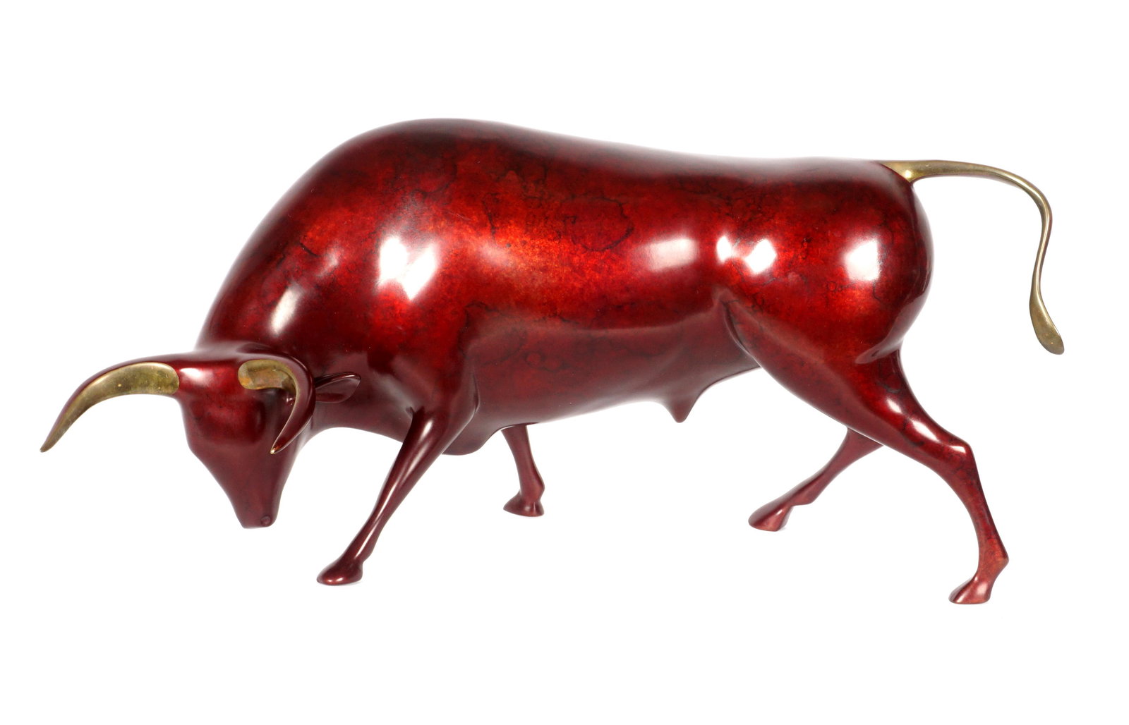 Loet Vanderveen Bronze Toro Bull: VANDERVEEN, Loet, (Dutch, 1921-2015): "Toro" bull, mottled red patina, golden bronze horns and tail, signed and numbered 101/750 under body, 8.75" h. x 20" x 8.25".