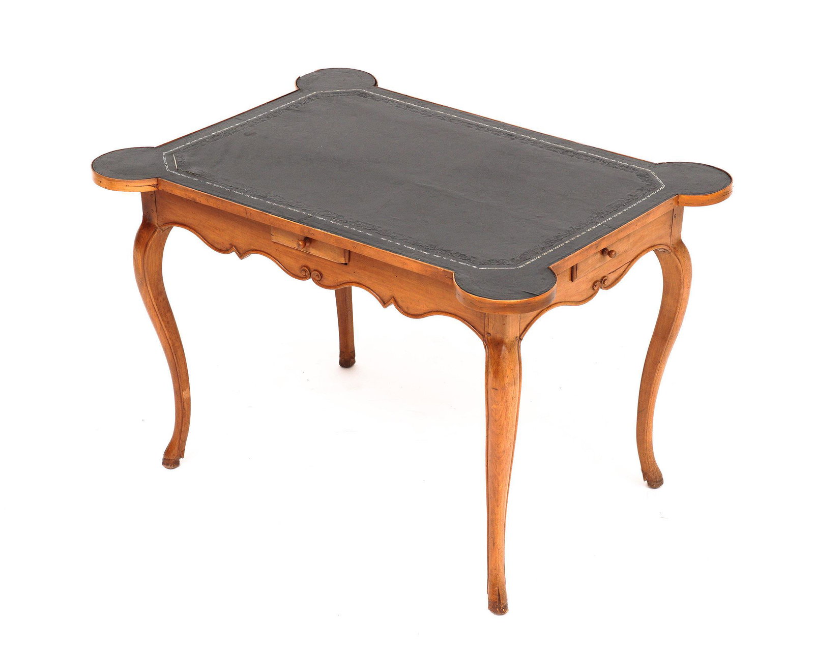 18th C. French Black Leather Top Table: Rectangular top with enlarged cookie corners, inset embossed black leather top, apron with carved trim, small drawer on all sides, cabriole legs ending in hoofed feet. Overall 27.25" h. x 41.5" x 30.2