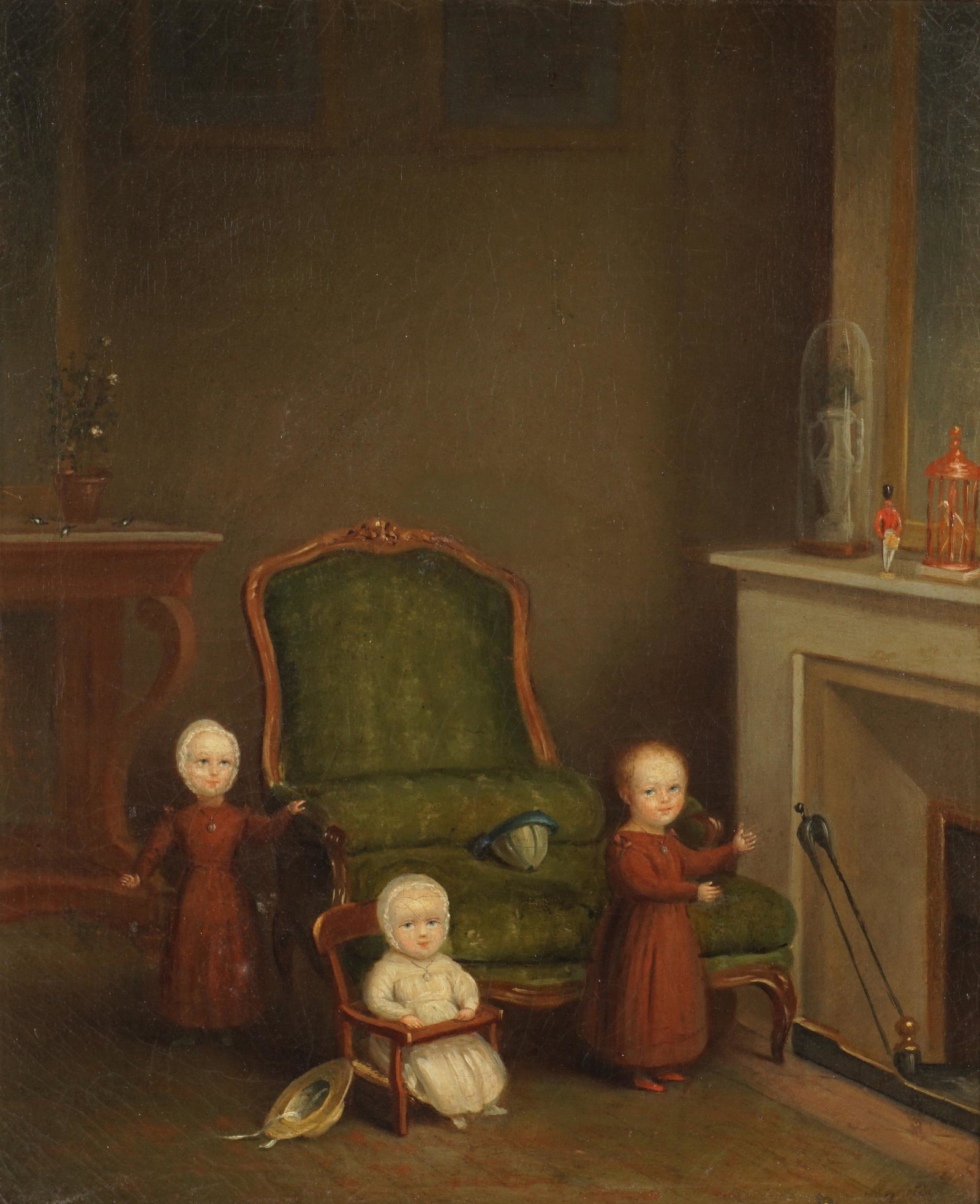 Reynolds Early Folk Art Portrait of Children: Folk art portrait of three children in interior scene signed Reynolds lower left, Oil/Canvas, 22" x 18.25", framed 26.75" x 23". Condition: Scattered minor inpaint, craquelure throughout.