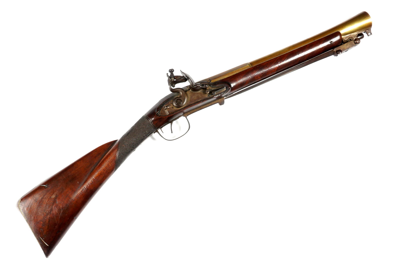 English Brass Barrel Flintlock Blunderbuss: Late 18th to early 19th Century, 14.5" partial octagonal and round barrel bearing English proof marks and inscribed "London", lower spring bayonet, side ramrod, checkered walnut stock. Illegible name