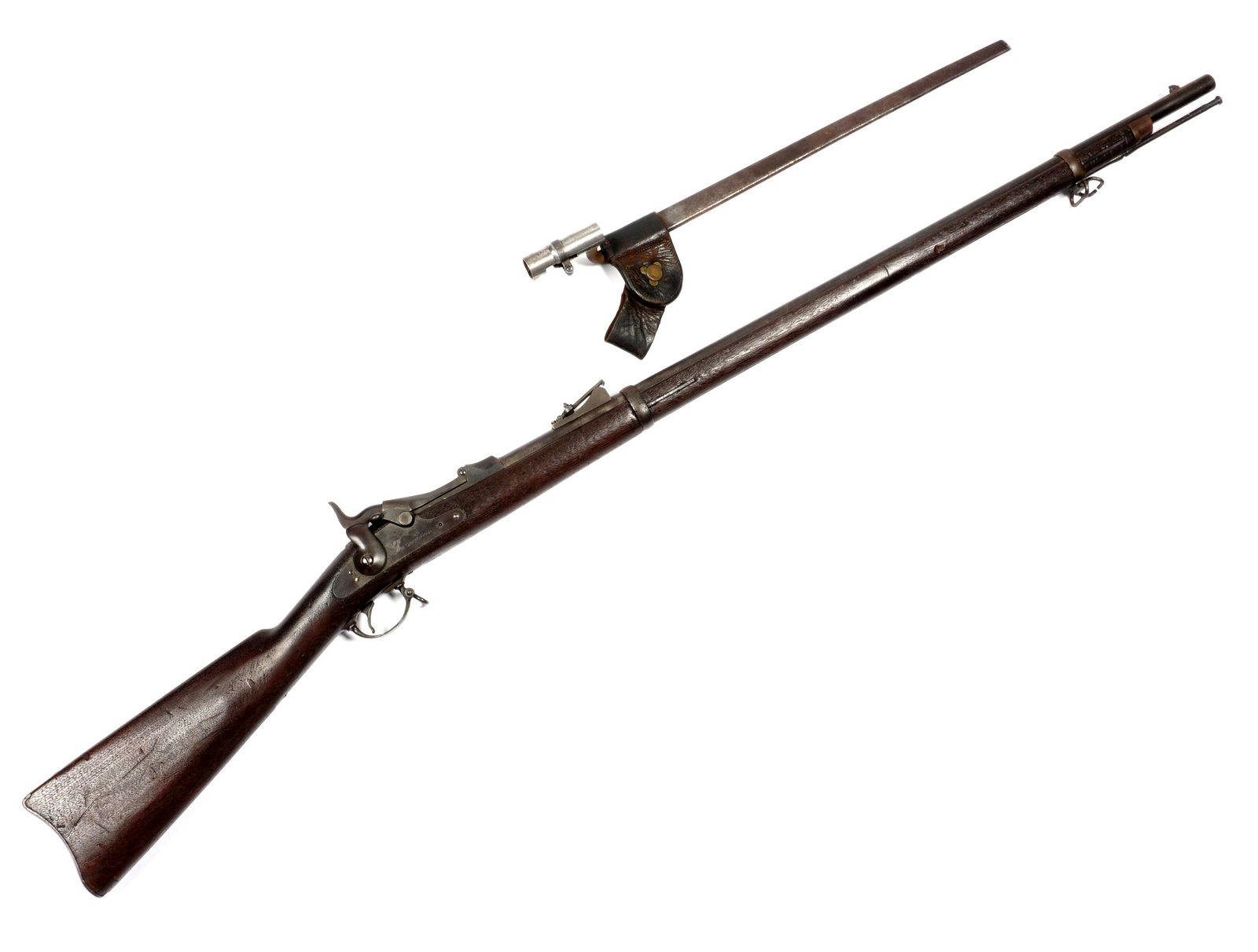 1873 US Springfield Trapdoor Rifle w/Bayonet: Iconic Model 1873 US Springfield trapdoor rifle, 370xxx serial range dates to 1888, 45-70 caliber 32.5" barrel with correct inspector and proof marks, sidelock well marked with clear eagle and U.S. Sp