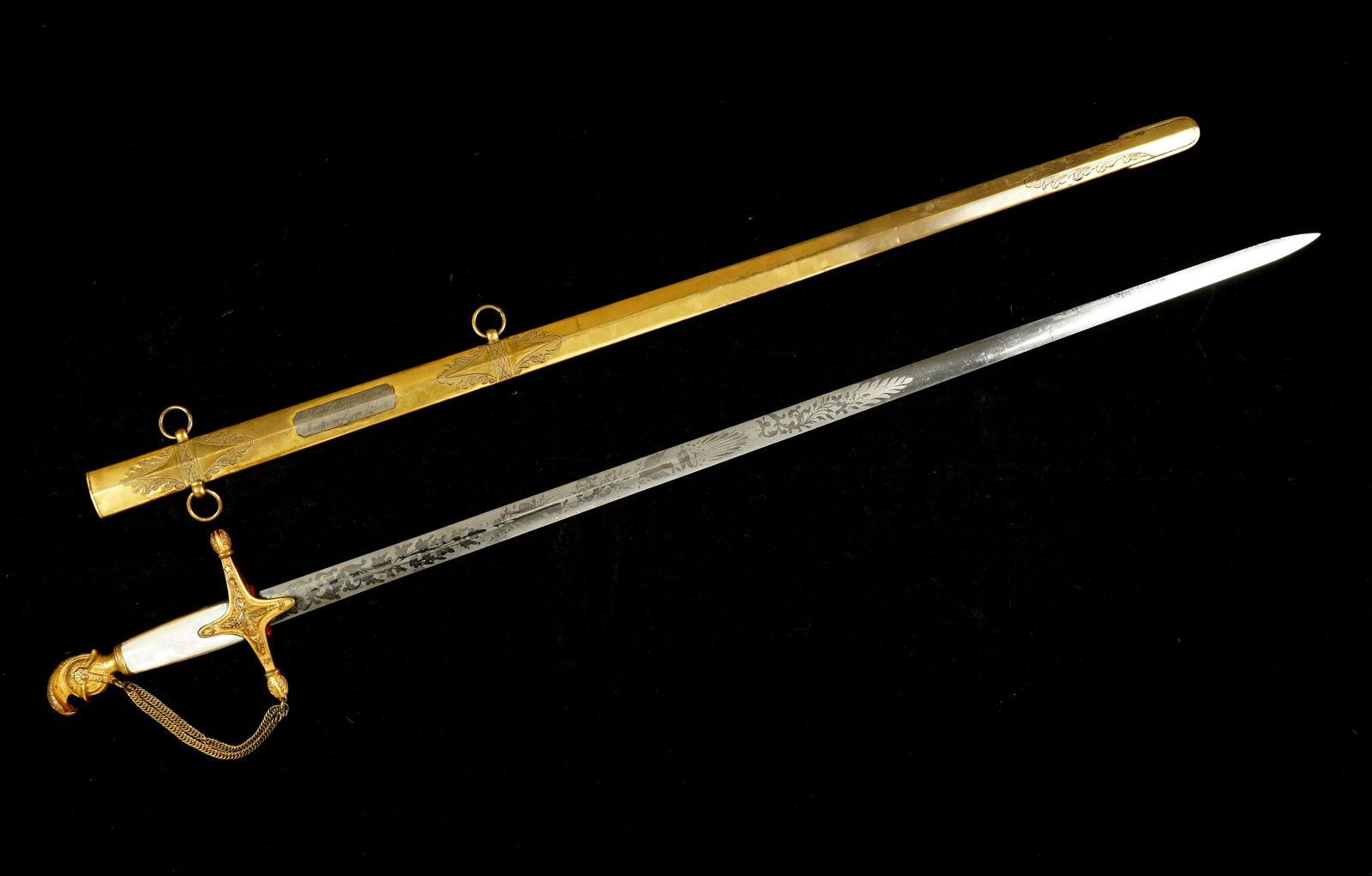 Important Montgomery True Blues Presentation Sword: Ames Model 1840 militia officers presentation sword, with stunning presentation "Capt. David Owen from the Montgomery True Blues". The Montgomery True Blues were first organized in Montgomery, Alabama