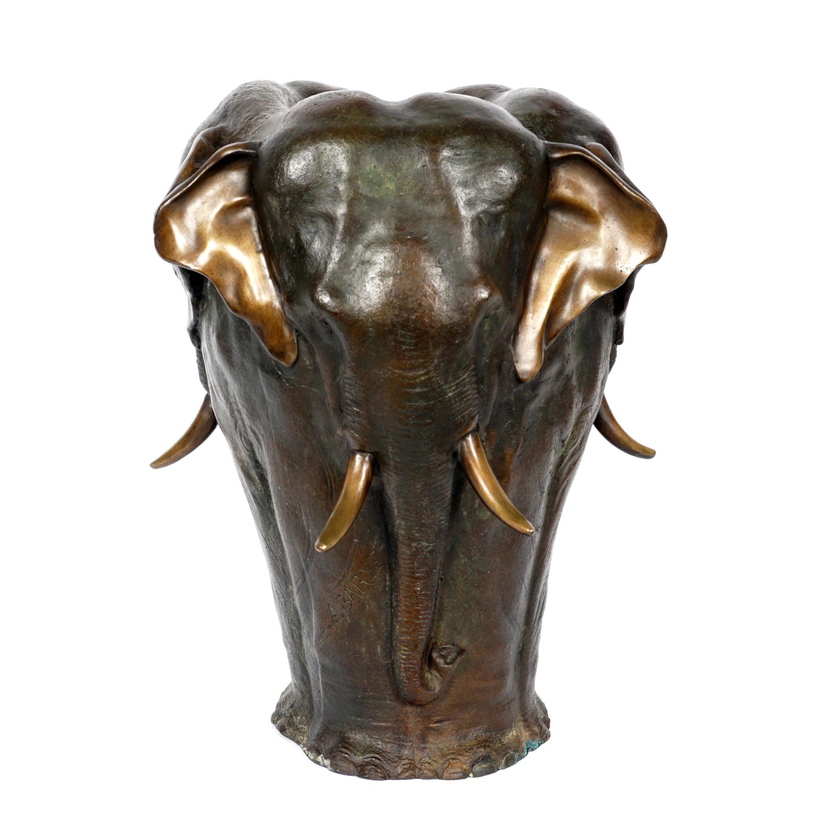 After A. Barye Bronze Elephant Vase: after BARYE, Antoine-Louis, (French, 1795-1875): Heavy cast bronze vase with three figural elephants, signed A. Barye, overall 11.5" h. x 9". Small abrasion to top of one elephant head. Shipper note: