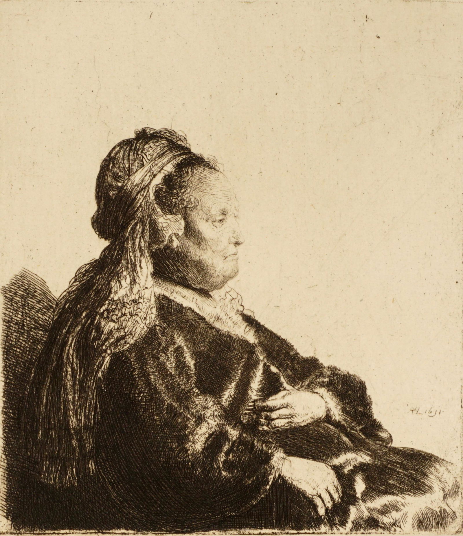 Rembrandt Artists Mother Seated Etching: VAN RIJN, Rembrandt, (Dutch, 1606-1669): "The Artists Mother Seated, in an Oriental Headdress", Etching on laid paper with watermark, signed in the plate lower right and dated 1631, image size 5.75" x