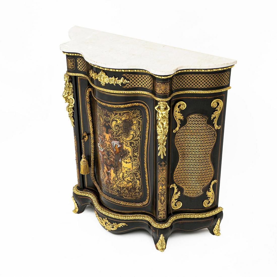 19th Century French Boulle Inlaid Cabinet: Serpentine white marble top over conforming ebonized cabinet. Boulle brass inlaid geometric and foliate scroll panels, applied gilt metal ormolu mounts and accents. Single door opens to two shelves, o