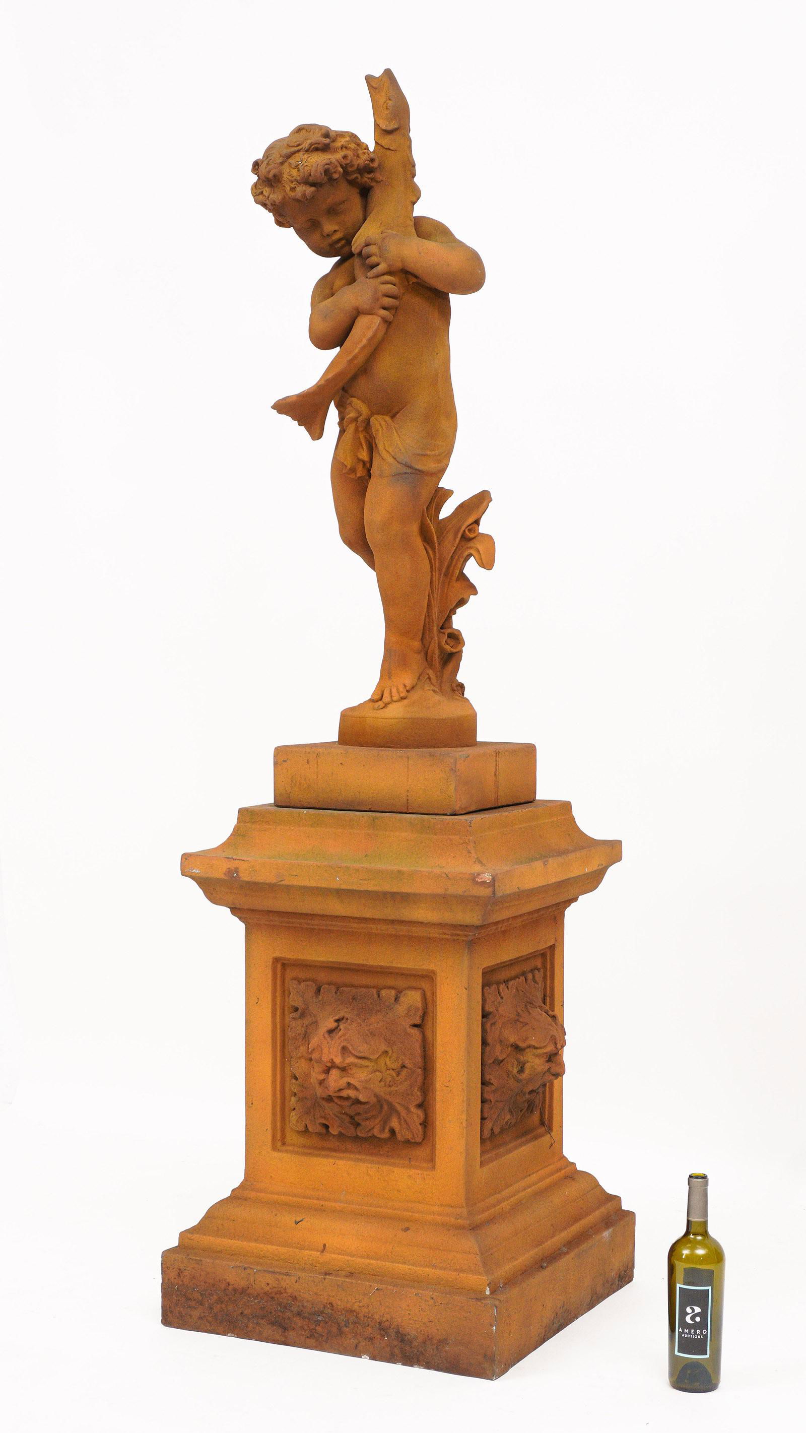 Durenne Terracotta Figure of a Boy with Sturgeon: after DURENNE, Antoine, (French, 1822-1895): Terracotta figure of young boy holding a sturgeon fish, marked on base A. Durenne, R19, overall 44" h. x 12" x 15". Sold on matching stepped base, Northwoo