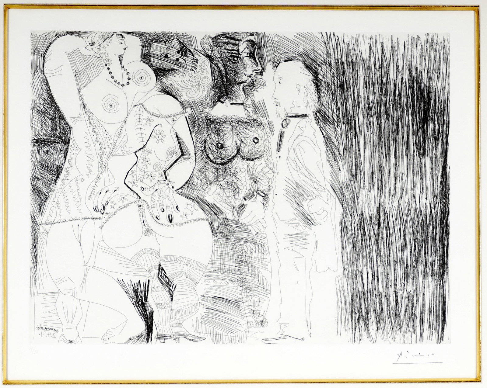 Picasso Series 156 Etching Plate 107 Degas: PICASSO, Pablo, (Spanish, 1881-1973): Plate 107, titled "Degas Viewing Partially Dressed Prostitutes" in Bloch catalog, Etching on Rives paper, estate stamp signature lower right, pencil numbered 17/5