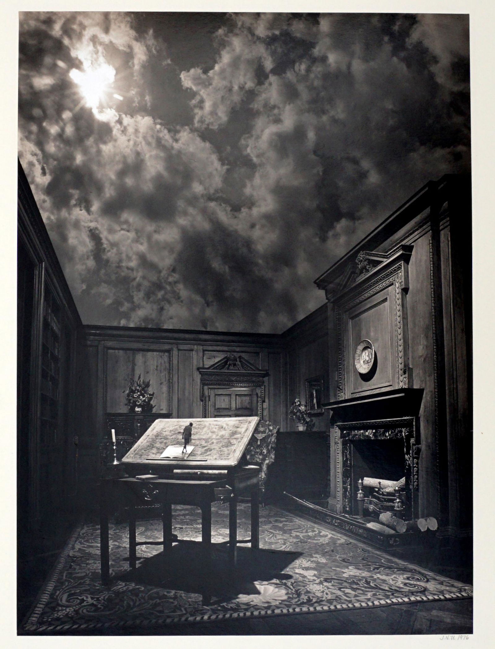 Jerry Uelsmann Philosopher's Desk Photograph: UELSMANN, Jerry, (American, 1934-?): "Untitled aka The Philosopher's Desk" large format silver gelatin print laid on board, initial and dated lower right, image size 19.5" x 14.25", board size 28" x 2