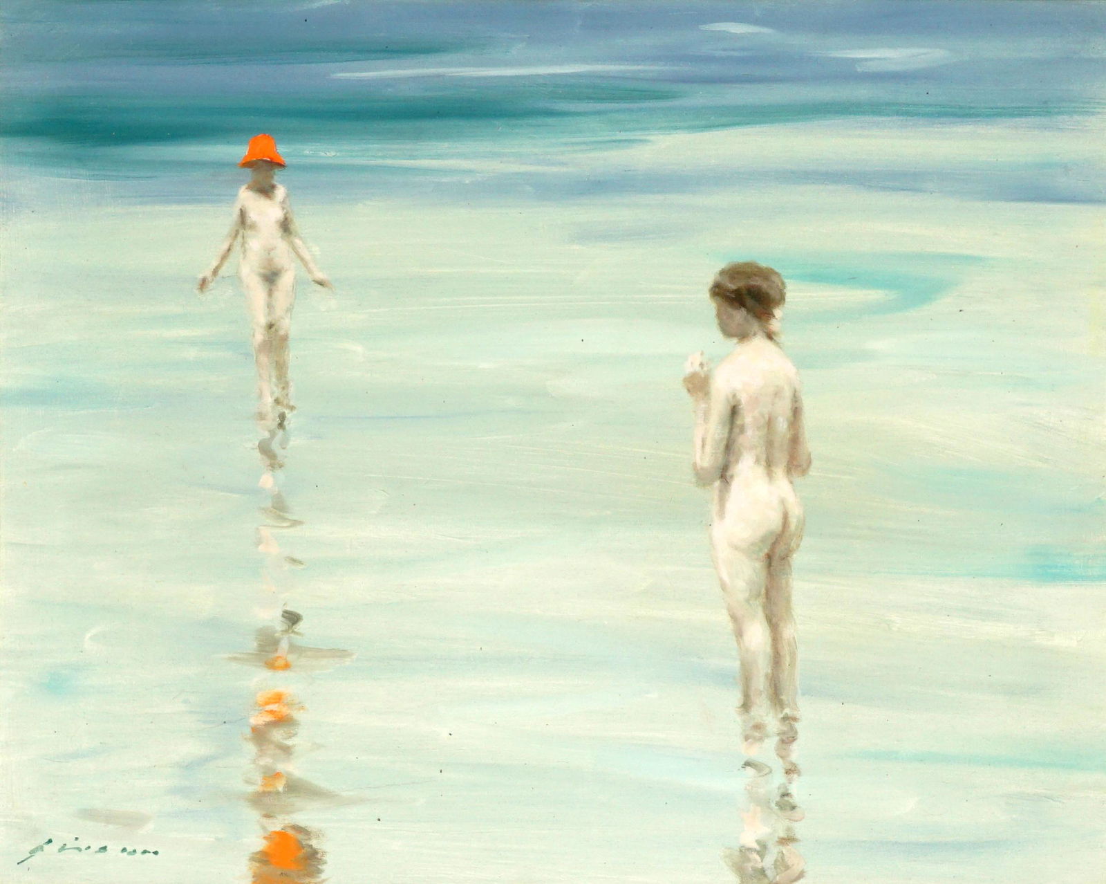 Andre Gisson Nudes at Beach Painting: GISSON, Andre, (American, 1921-2003): Impressionist two female nude figures at the beach, Oil/Canvas, signed lower left, 16" x 20", framed 21.25" x 25.25".