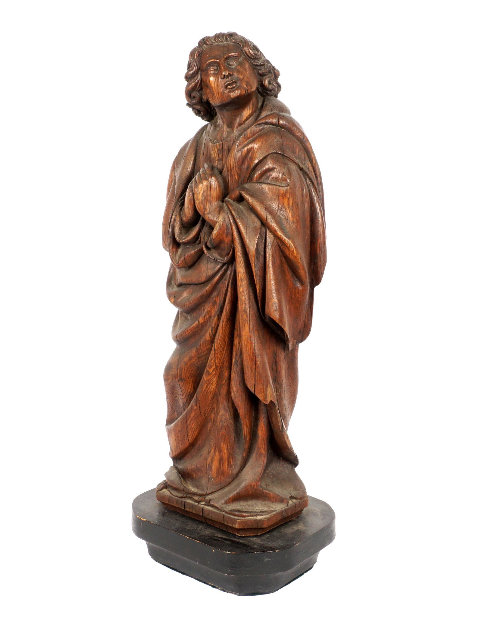 18th/19th Century Carved Wood Figure of a Priest: Continental, most likely Italian, carved figure of a standing priest in prayer, flowing robes, on bare foot peaking out. 27" h. x 9.5" x 6". Affixed to wood base, overall 30" h. x 11.5" x 9".