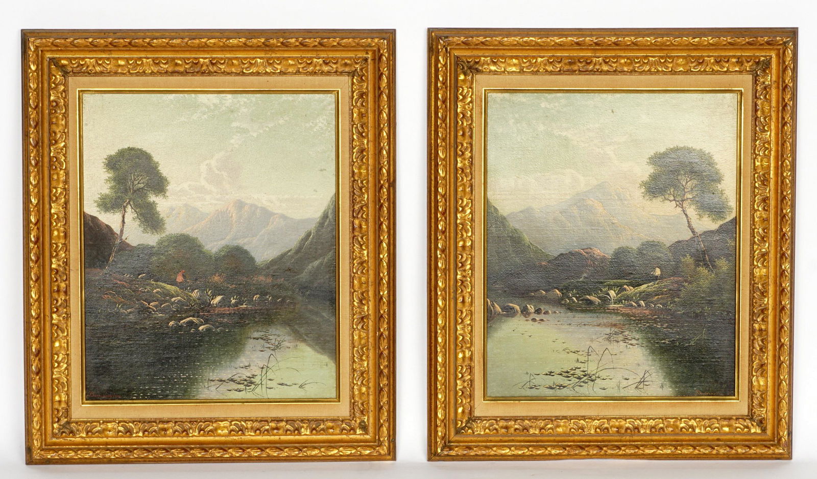 Pair Edwin Henry Boddington Landscapes: BODDINGTON, Edwin Henry, (British, 1836-1905): Pair of river landscapes with fishermen, mountains in background, Oil/Canvas, on signed lower left, the other lower right, 12" x 10", framed 16.5" x 14.2