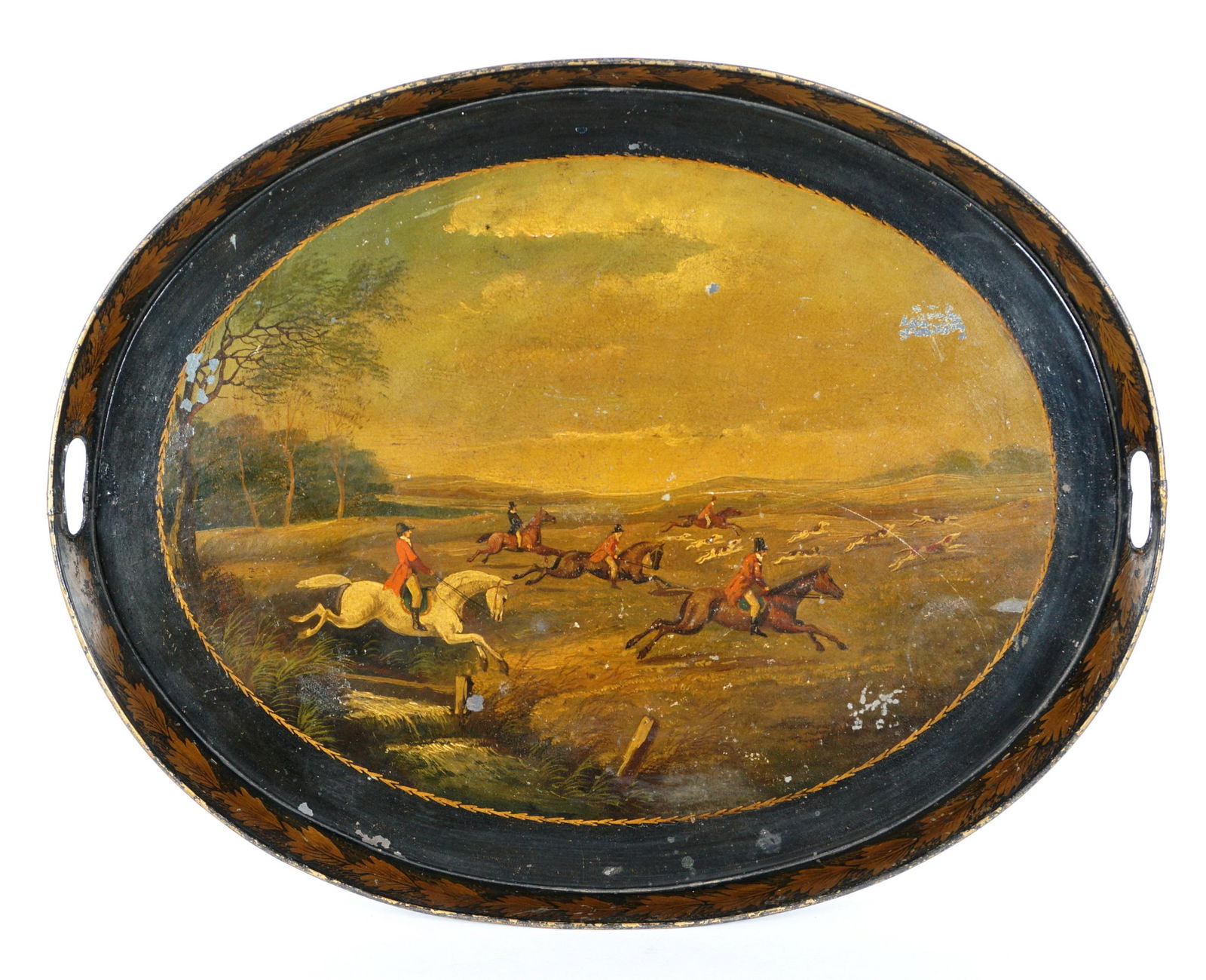 Large Hand Painted Hunting Scene Tole Tray: Large oval tray, tole paint decorated with fox hunting scene, foliate rim, two open handles, overall 2" x 25.75" x 20". Condition: Loss of paint, bends to tray.