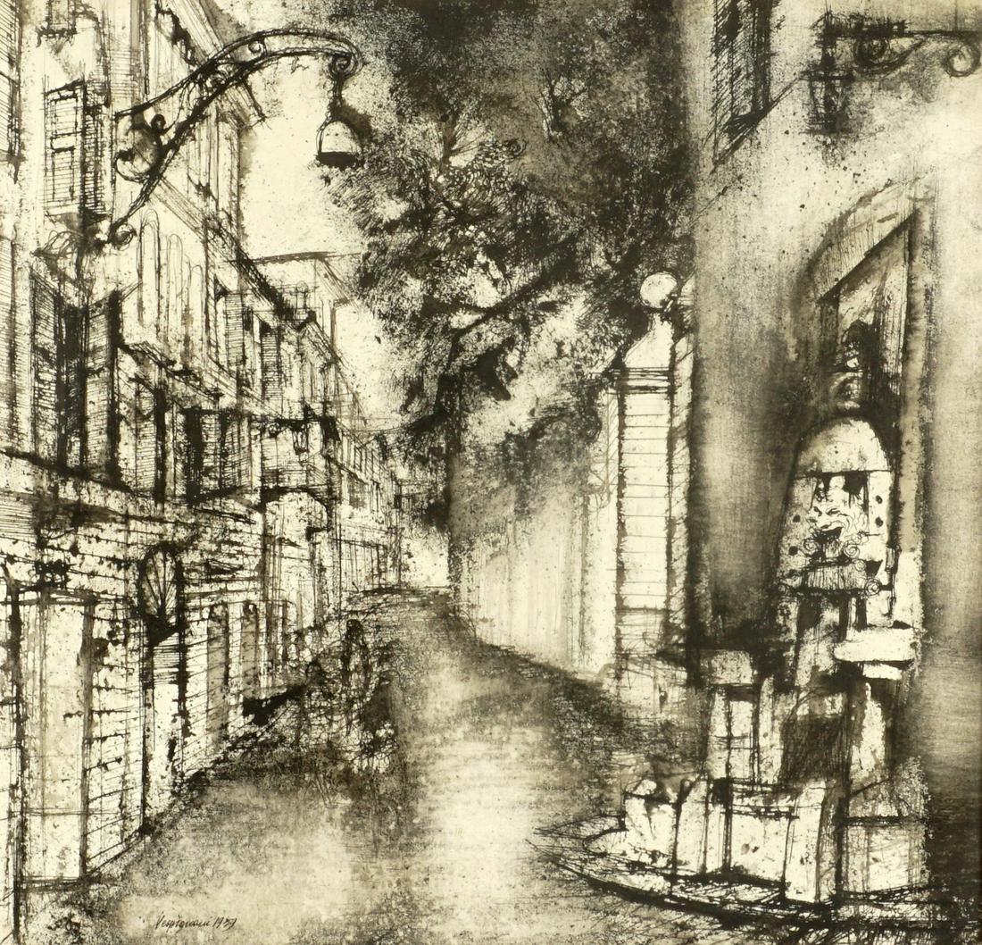 1959 Renzo Vespignani Mixed Media Street Scene: VESPIGNANI, Renzo, (Italian, 1924-2001): Italian street scene, Pen/Watercolor/Paper, signed and dated 1959 lower left, sight size 15.75" x 16.5", framed 23" x 23.75". Not examined out of frame.