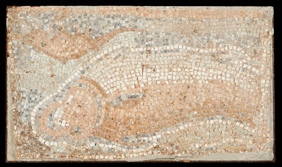 Antique 1st-3rd C. CE Roman Stone Mosaic of Fish: 1st to 3rd Century CE multi stone earth tone tile depiction of a fish, overall in iron frame 19.25" x 33.25". Condition: Rust to frame.
