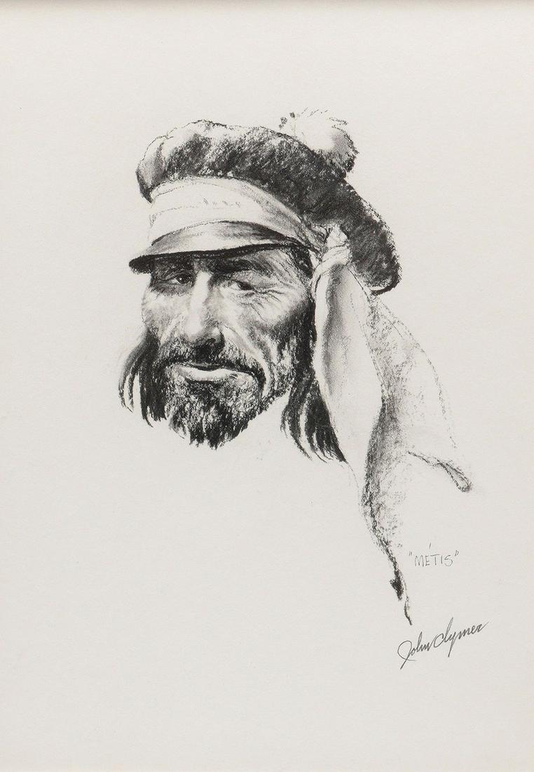 John Ford Clymer Portrait of Metis Drawing: CLYMER, John Ford, (American 1907-1989): Portrait bust of "Metis", Charcoal on Board, signed lower right, signed and titled verso, 14" x 10", framed 21" x 17".